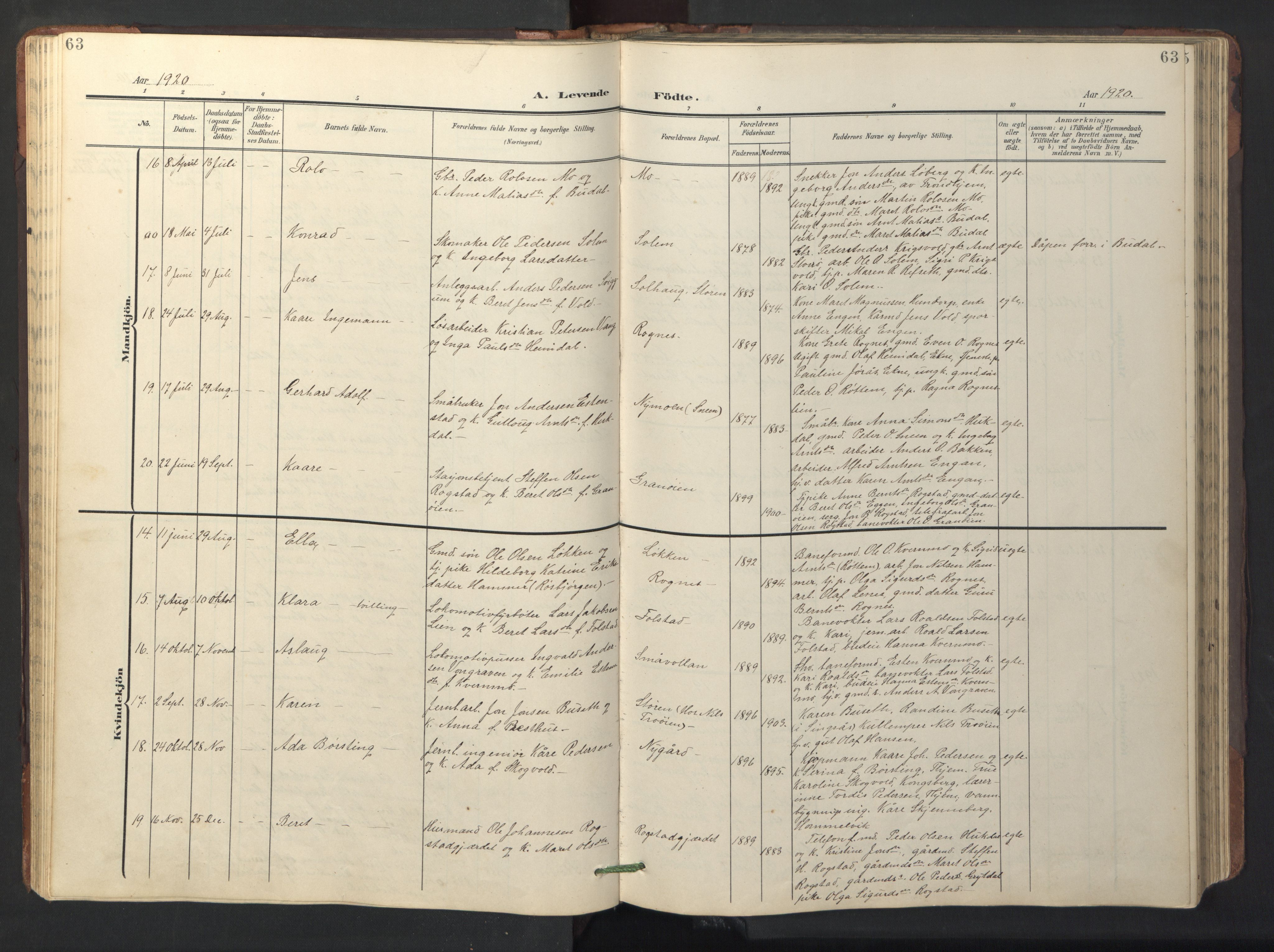 Ministerialprotokoller, klokkerbøker og fødselsregistre - Sør-Trøndelag, SAT/A-1456/687/L1019: Parish register (copy) no. 687C03, 1904-1931, p. 63