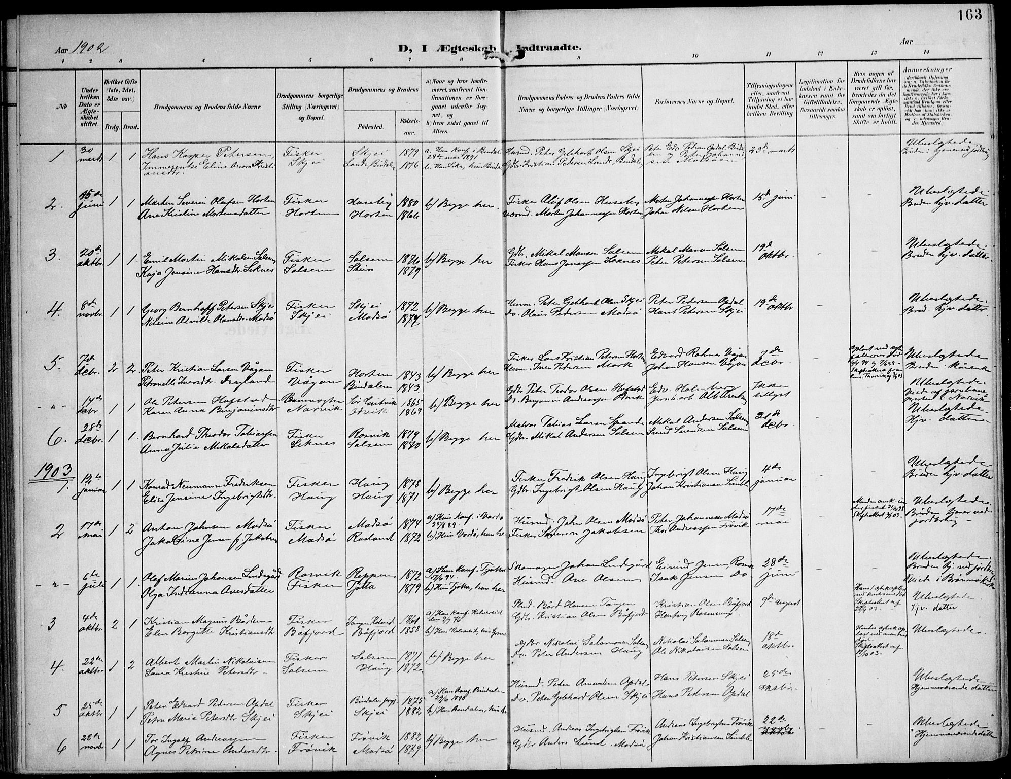 Ministerialprotokoller, klokkerbøker og fødselsregistre - Nord-Trøndelag, SAT/A-1458/788/L0698: Parish register (official) no. 788A05, 1902-1921, p. 163