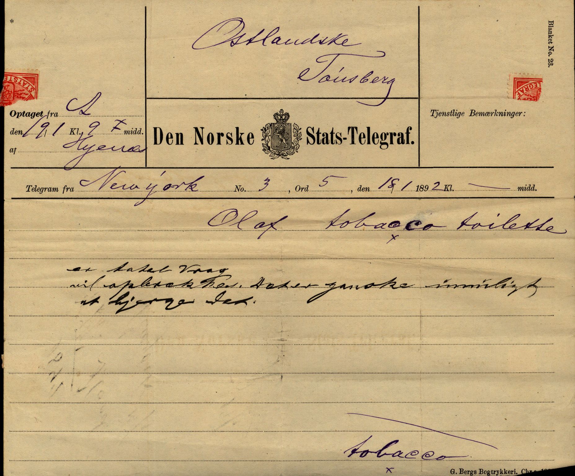 Pa 63 - Østlandske skibsassuranceforening, VEMU/A-1079/G/Ga/L0028/0005: Havaridokumenter / Tjømø, Magnolia, Caroline, Olaf, Stjernen, 1892, p. 91