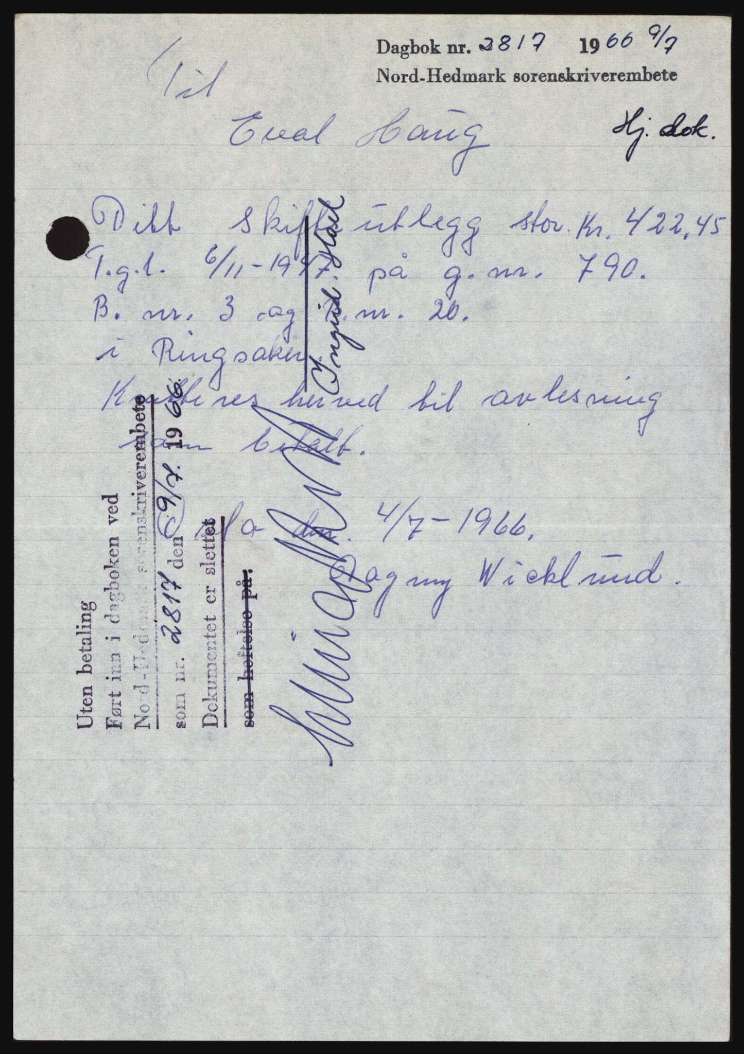 Nord-Hedmark sorenskriveri, SAH/TING-012/H/Hc/L0024: Mortgage book no. 24, 1966-1966, Diary no: : 2817/1966