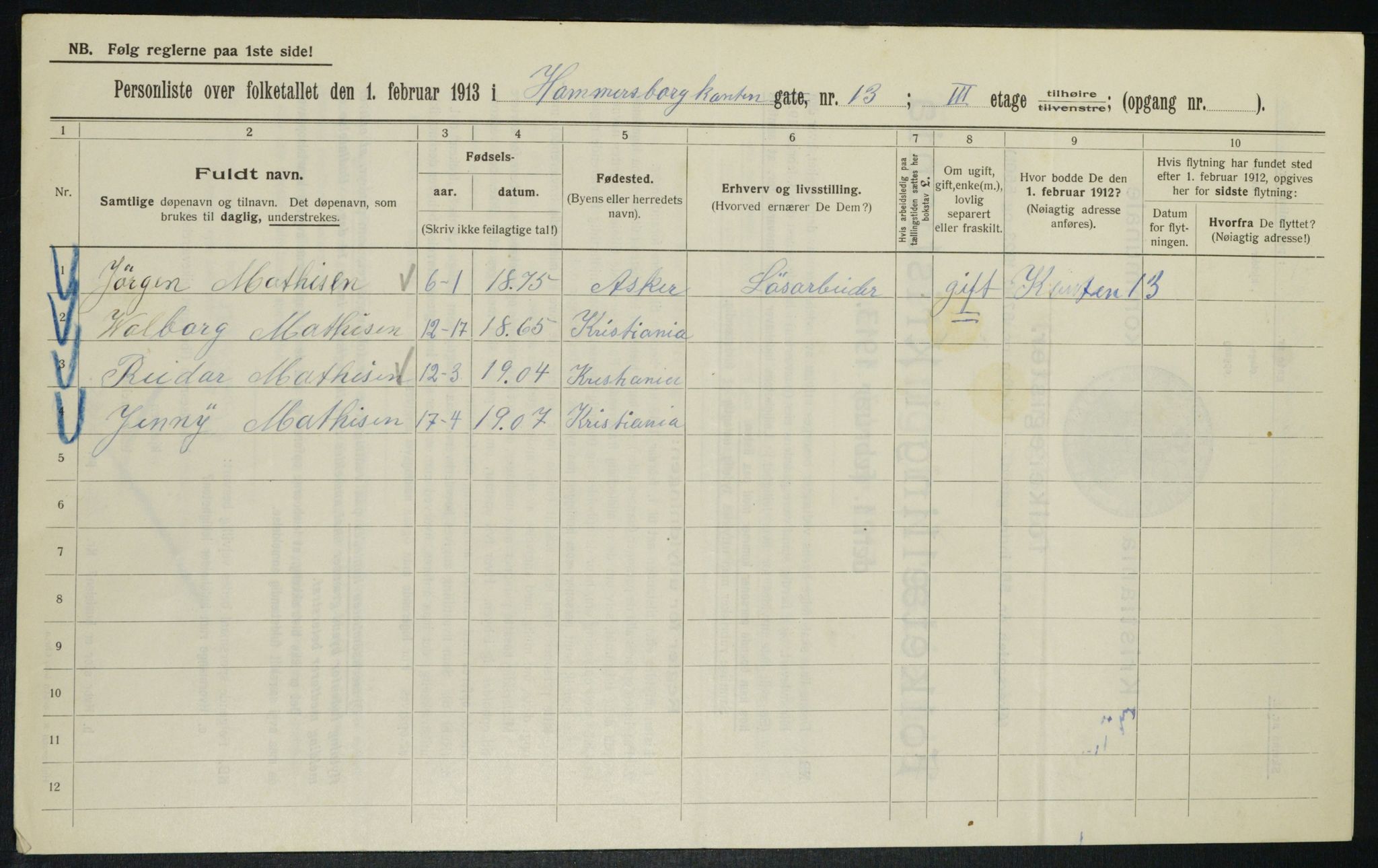 OBA, Municipal Census 1913 for Kristiania, 1913, p. 48005