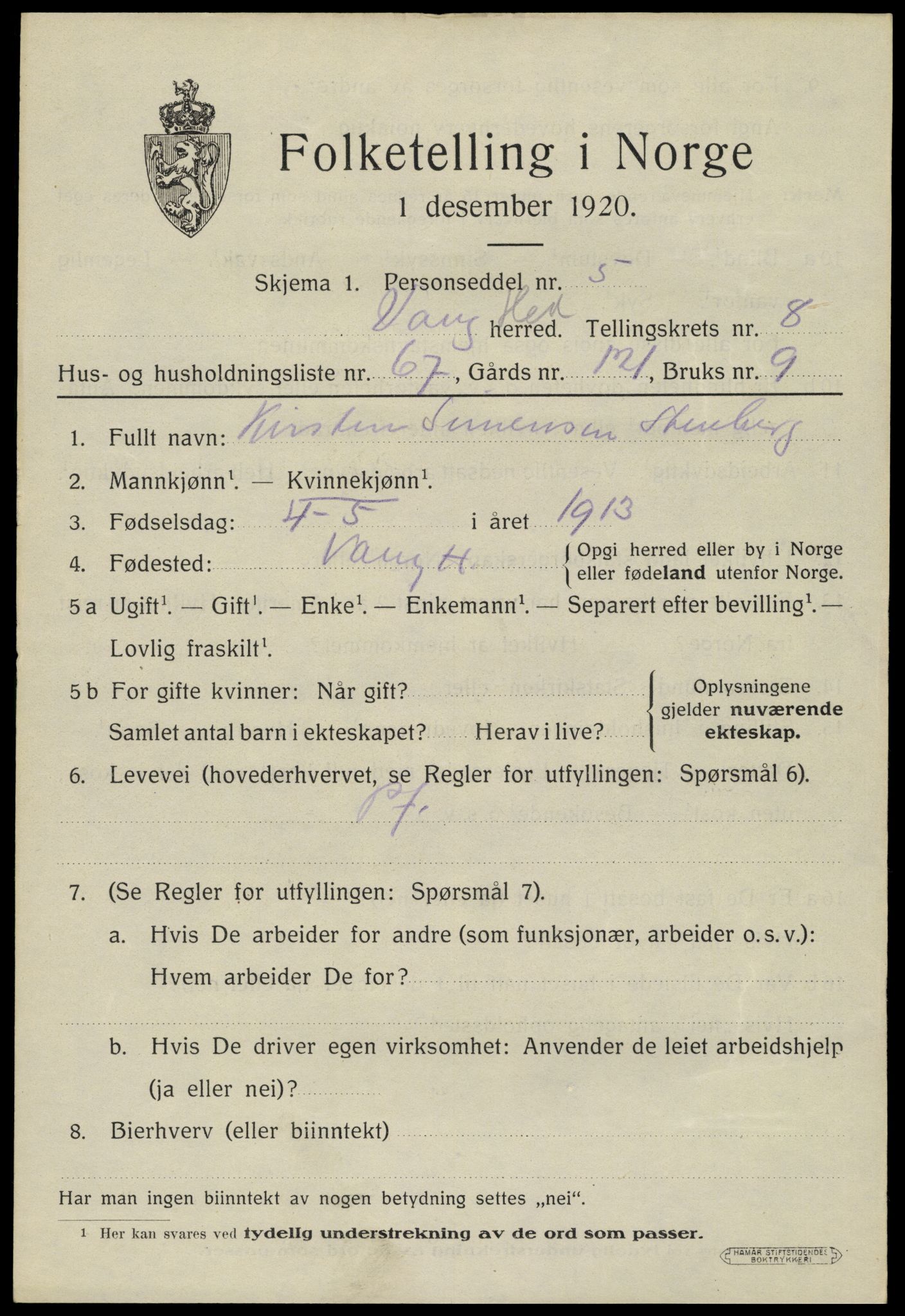 SAH, 1920 census for Vang (Hedmark), 1920, p. 18087