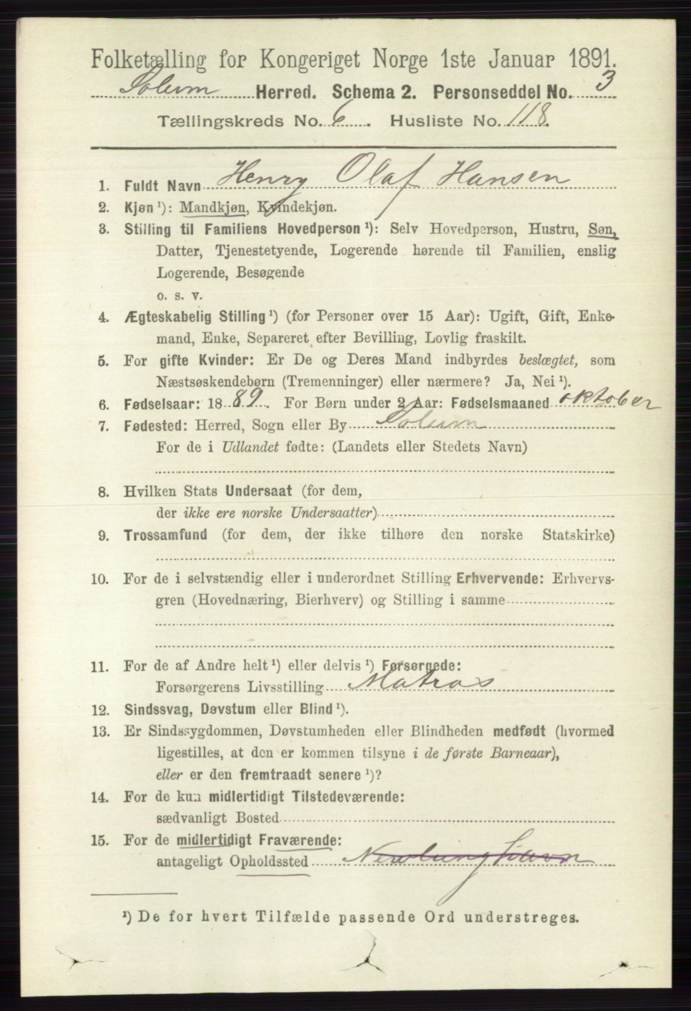 RA, 1891 census for 0818 Solum, 1891, p. 1842