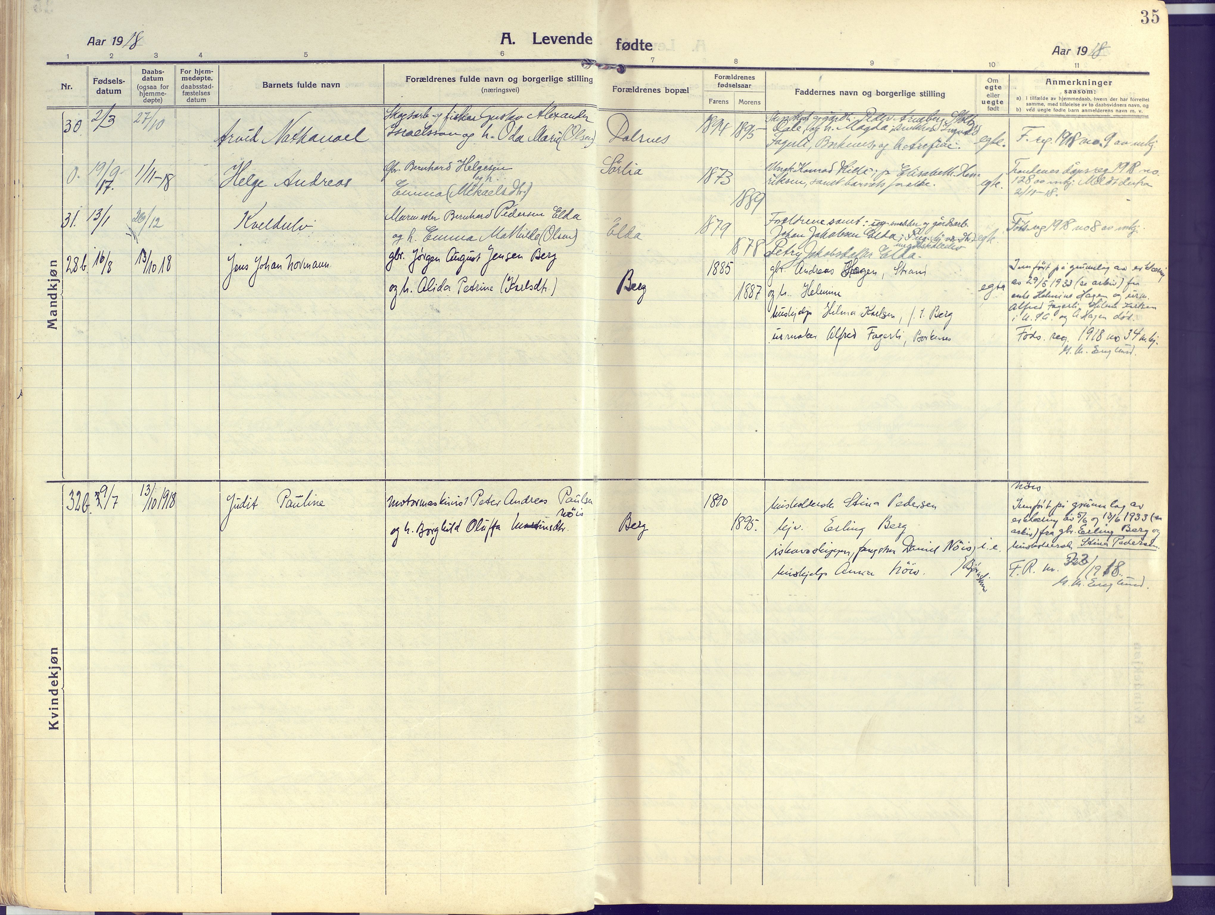 Kvæfjord sokneprestkontor, AV/SATØ-S-1323/G/Ga/Gaa/L0007kirke: Parish register (official) no. 7, 1915-1931, p. 35