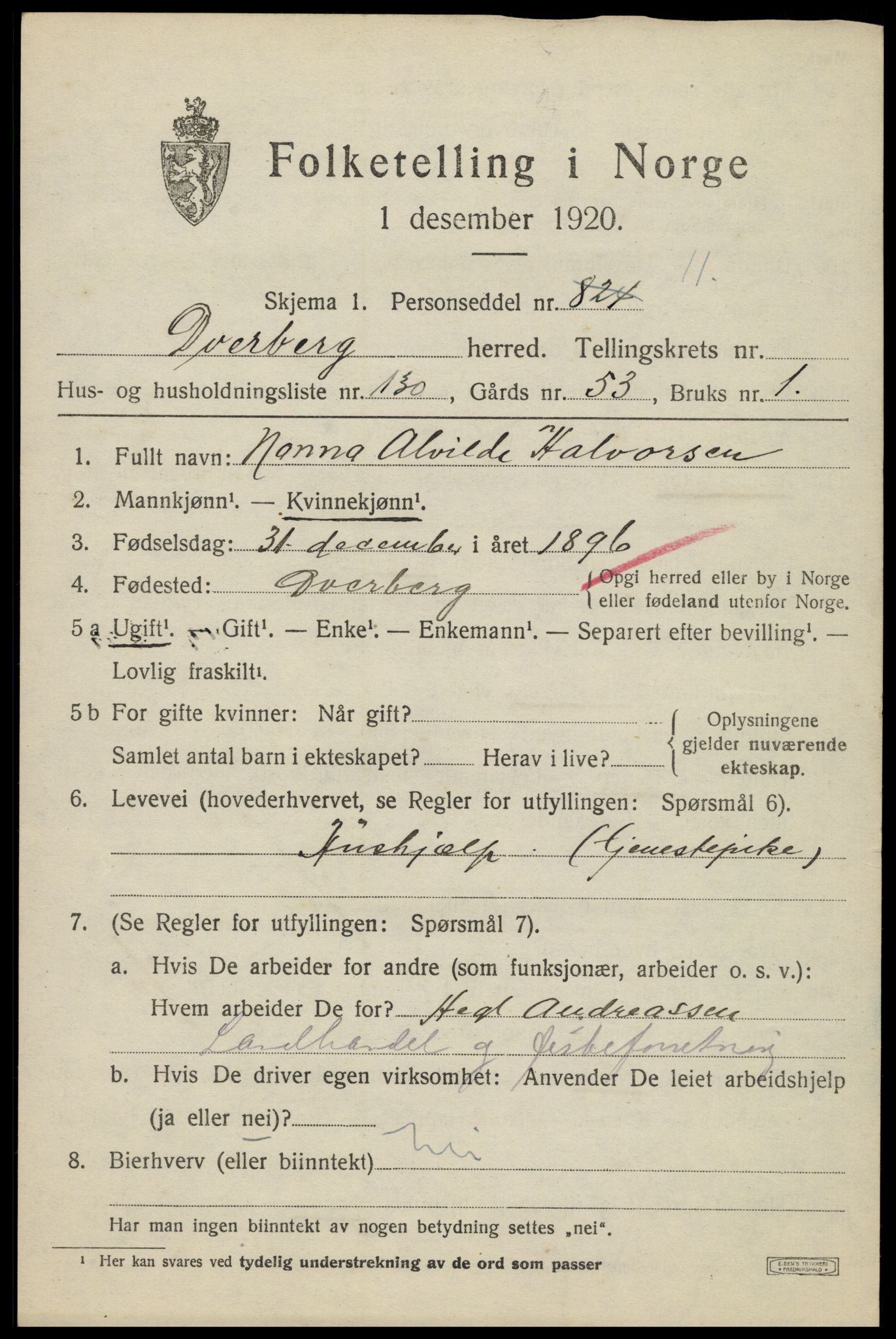 SAT, 1920 census for Dverberg, 1920, p. 5304