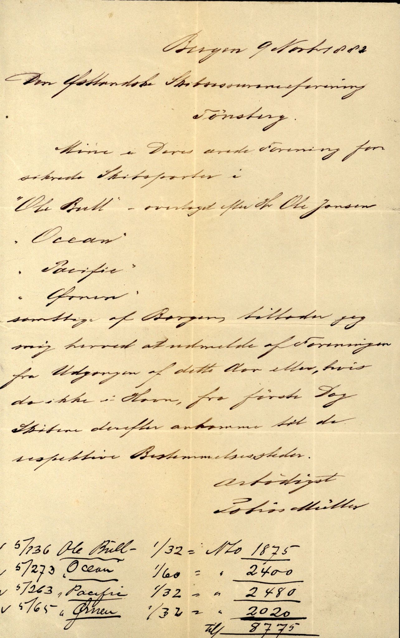 Pa 63 - Østlandske skibsassuranceforening, VEMU/A-1079/G/Ga/L0015/0011: Havaridokumenter / Carl Johan, Bergljot, Baticola, Saga, 1882, p. 24