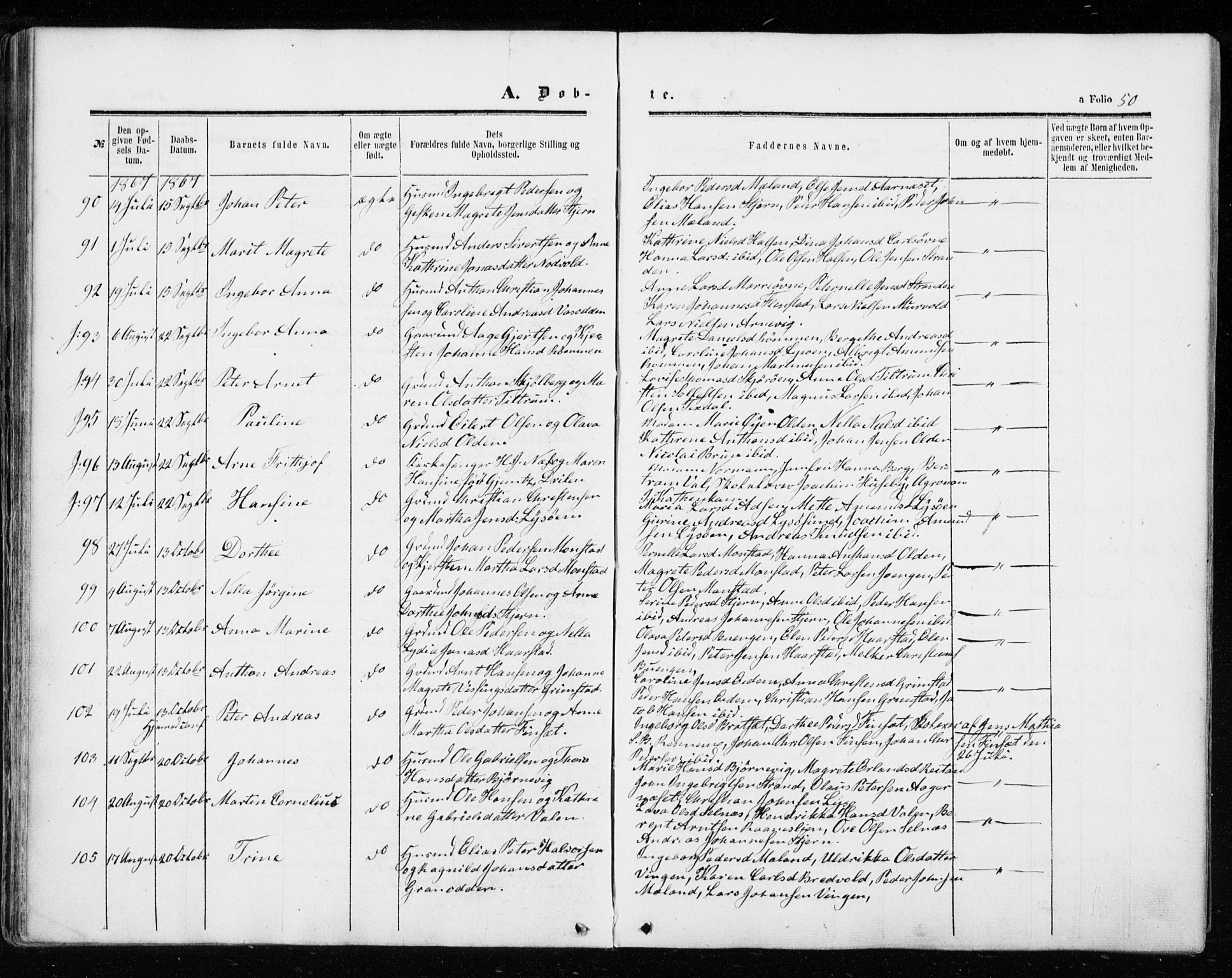 Ministerialprotokoller, klokkerbøker og fødselsregistre - Sør-Trøndelag, SAT/A-1456/655/L0678: Parish register (official) no. 655A07, 1861-1873, p. 50