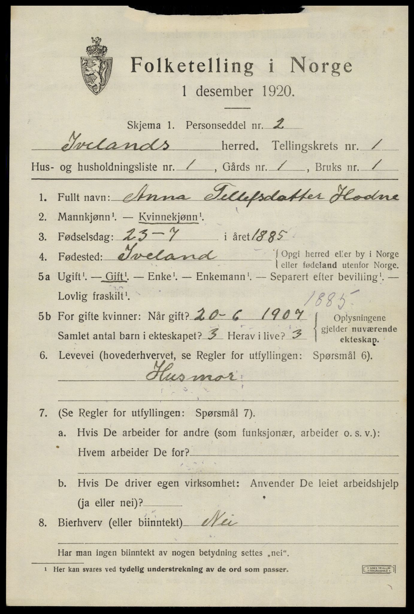 SAK, 1920 census for Iveland, 1920, p. 417