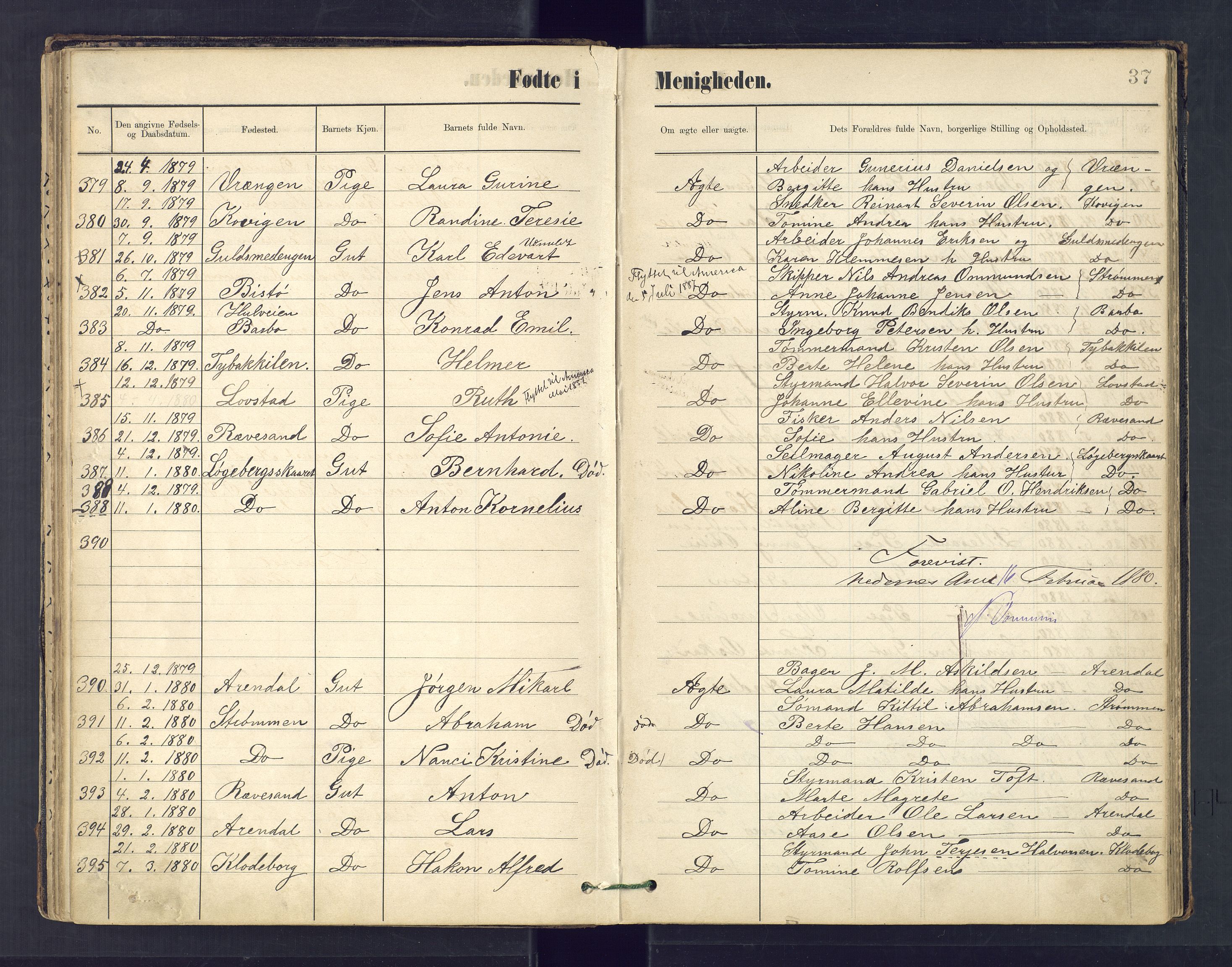 Metodistmenigheten, Arendal, AV/SAK-1292-0011/F/Fa/L0003: Dissenter register no. 3, 1879-1893, p. 37