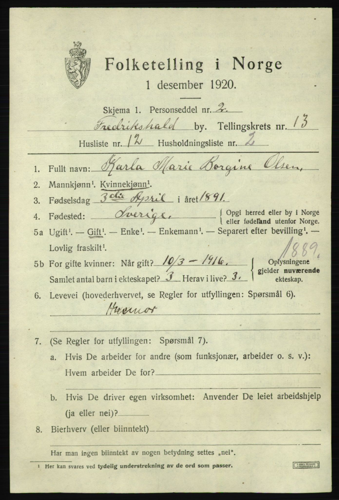 SAO, 1920 census for Fredrikshald, 1920, p. 20872