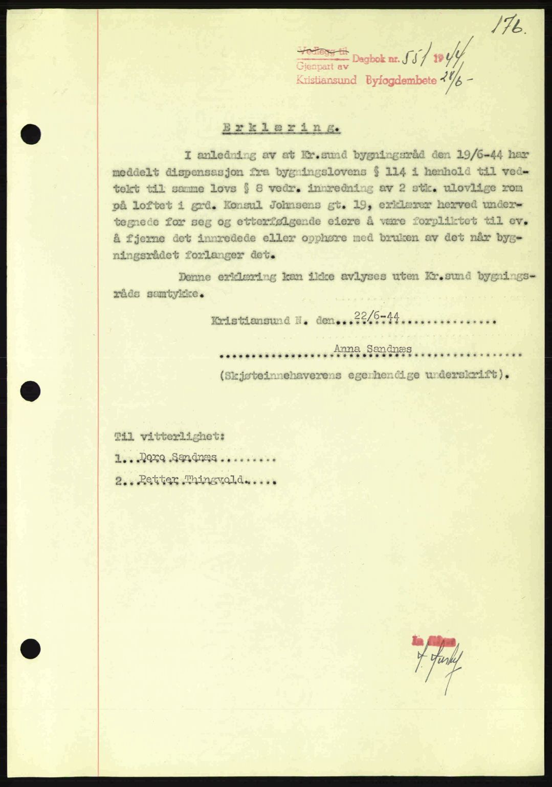 Kristiansund byfogd, SAT/A-4587/A/27: Mortgage book no. 37-38, 1943-1945, Diary no: : 551/1944
