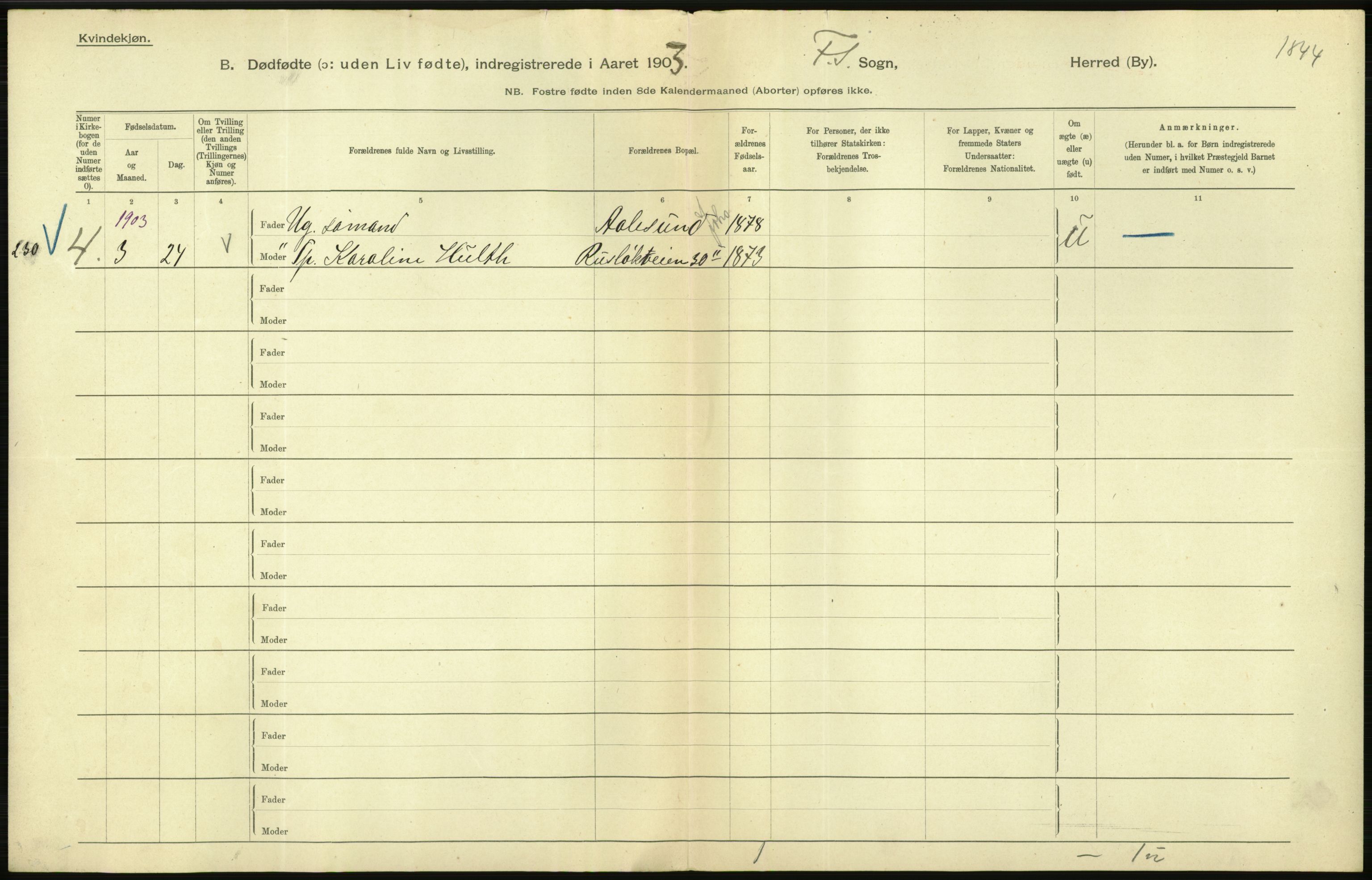 Statistisk sentralbyrå, Sosiodemografiske emner, Befolkning, AV/RA-S-2228/D/Df/Dfa/Dfaa/L0026: Smålenenes - Finnmarkens amt: Dødfødte. Byer., 1903, p. 86