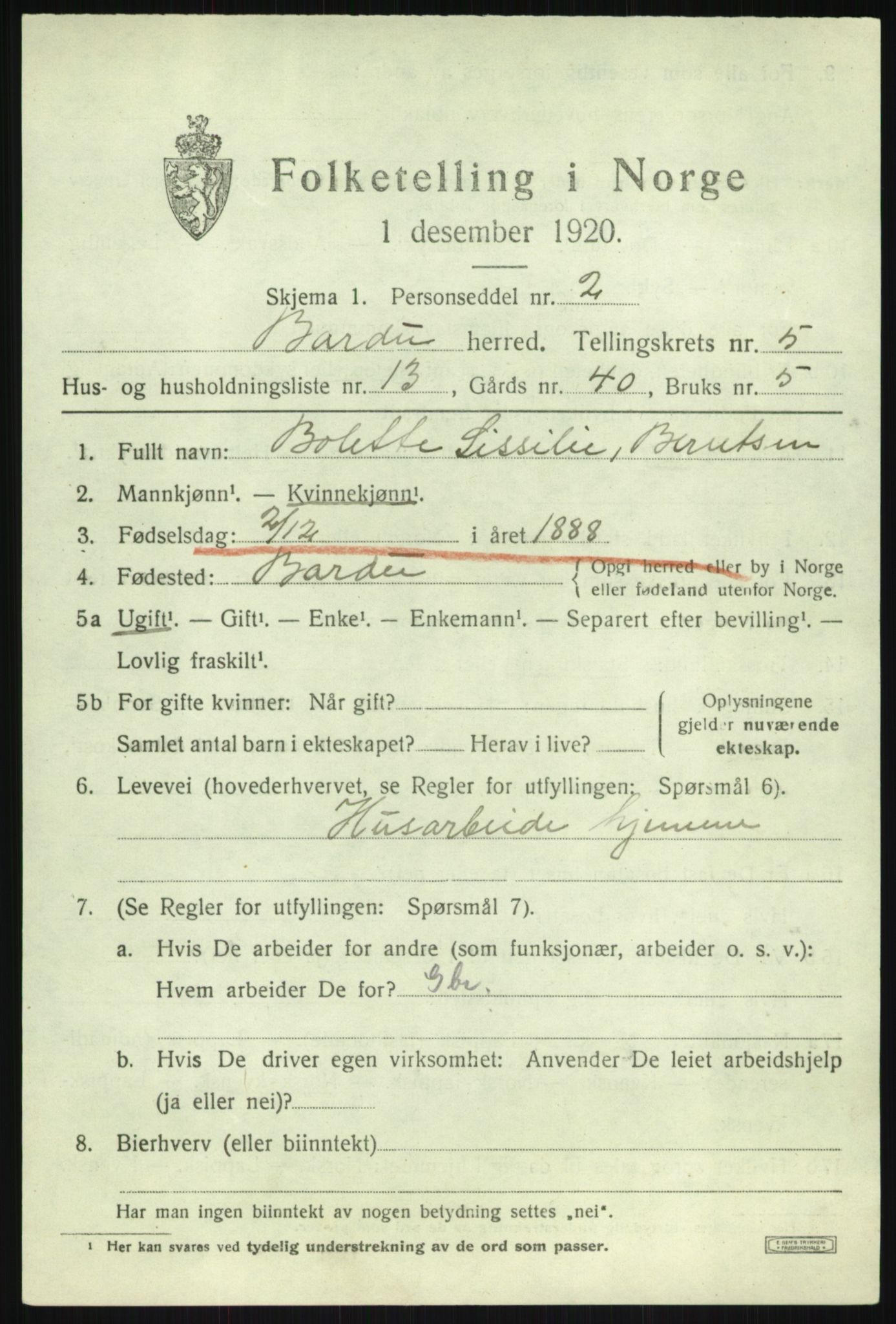 SATØ, 1920 census for Bardu, 1920, p. 2313
