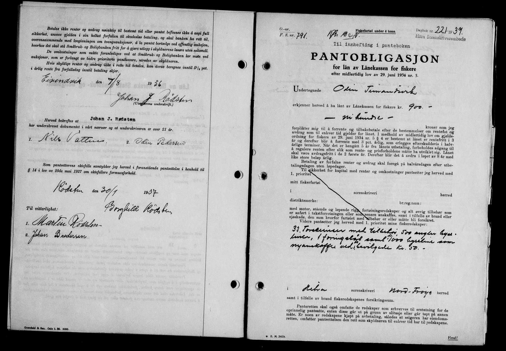 Hitra sorenskriveri, AV/SAT-A-0018/2/2C/2Ca/L0028: Mortgage book no. B-1, 1936-1939, Diary no: : 221/1937