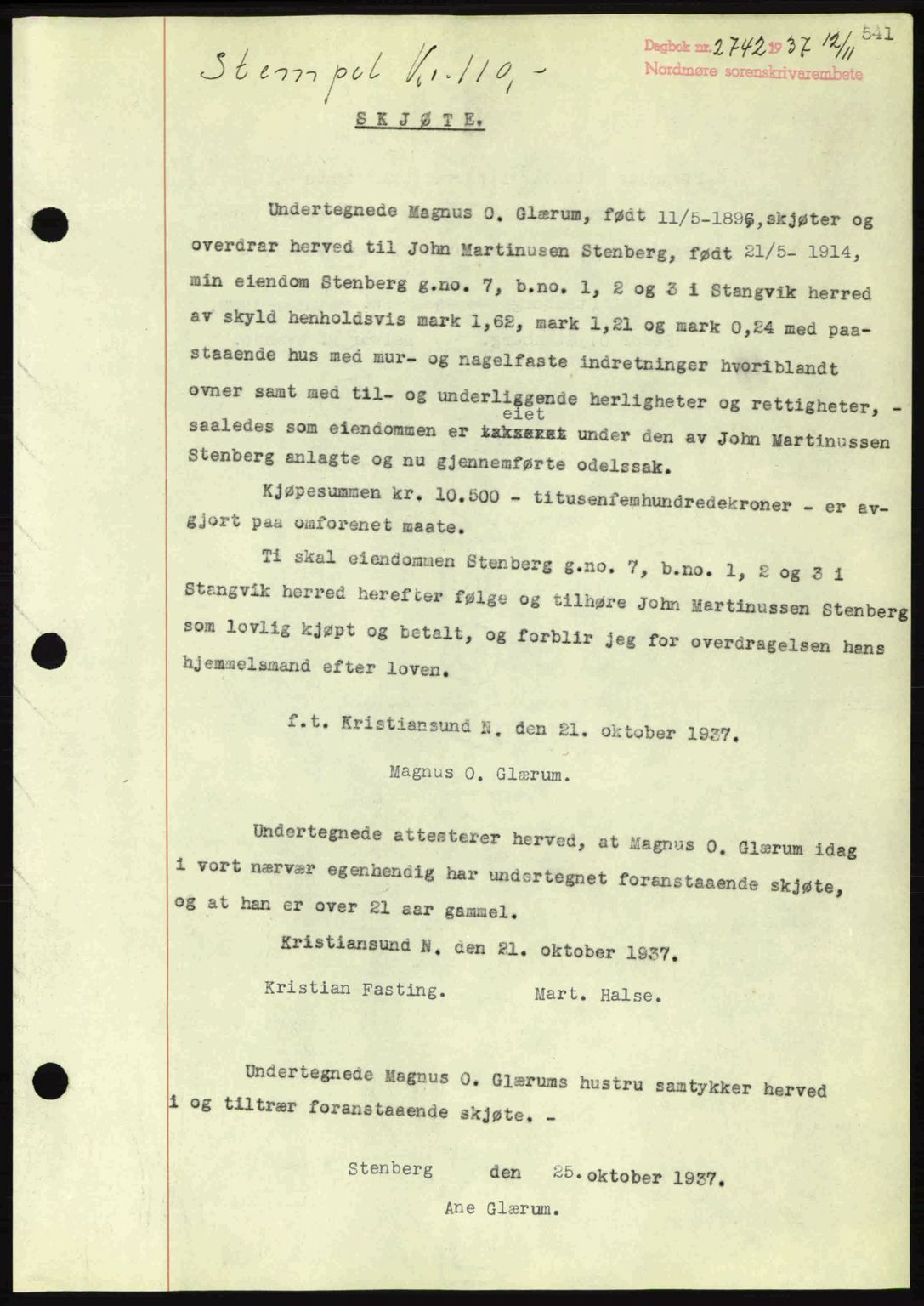 Nordmøre sorenskriveri, AV/SAT-A-4132/1/2/2Ca: Mortgage book no. A82, 1937-1938, Diary no: : 2742/1937