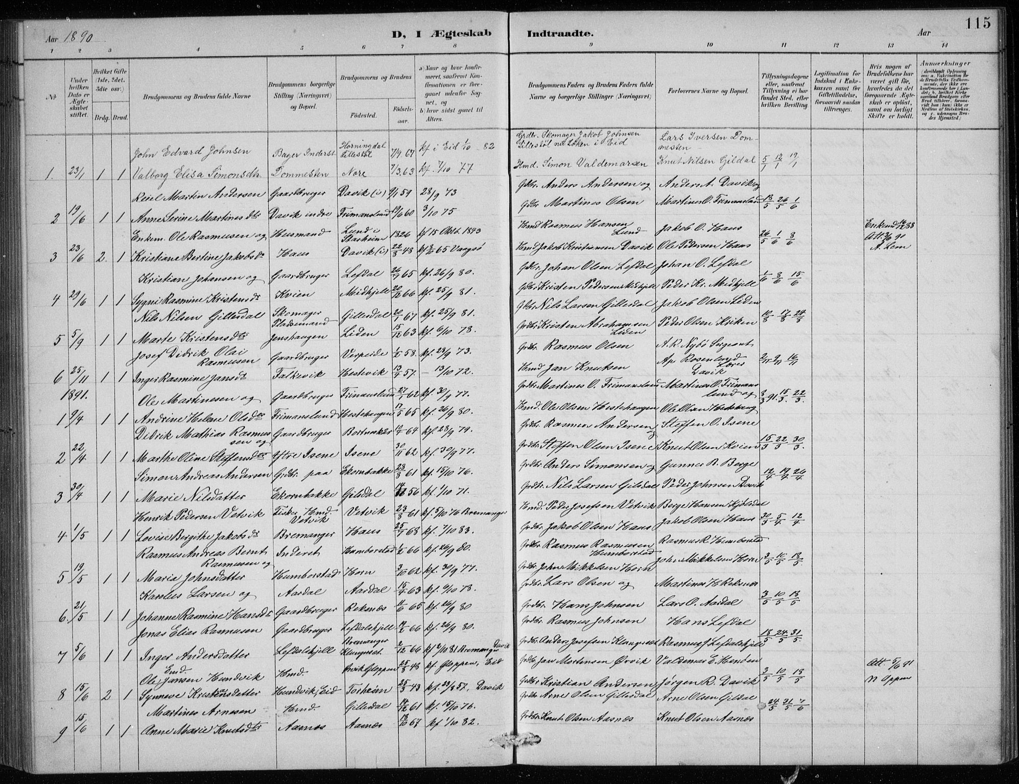 Davik sokneprestembete, AV/SAB-A-79701/H/Hab/Haba/L0002: Parish register (copy) no. A 2, 1890-1911, p. 115