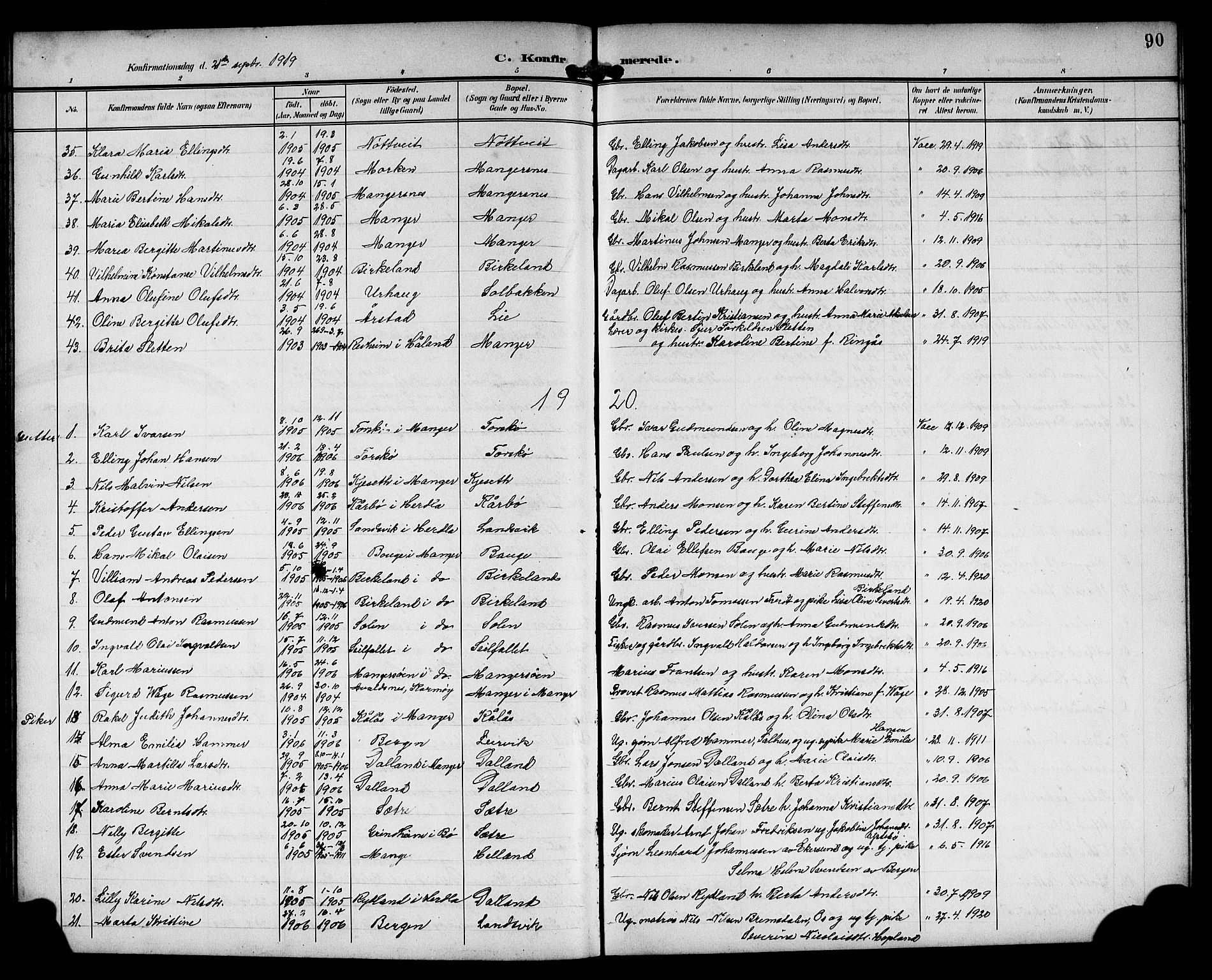 Manger sokneprestembete, AV/SAB-A-76801/H/Hab: Parish register (copy) no. A 2, 1902-1923, p. 90