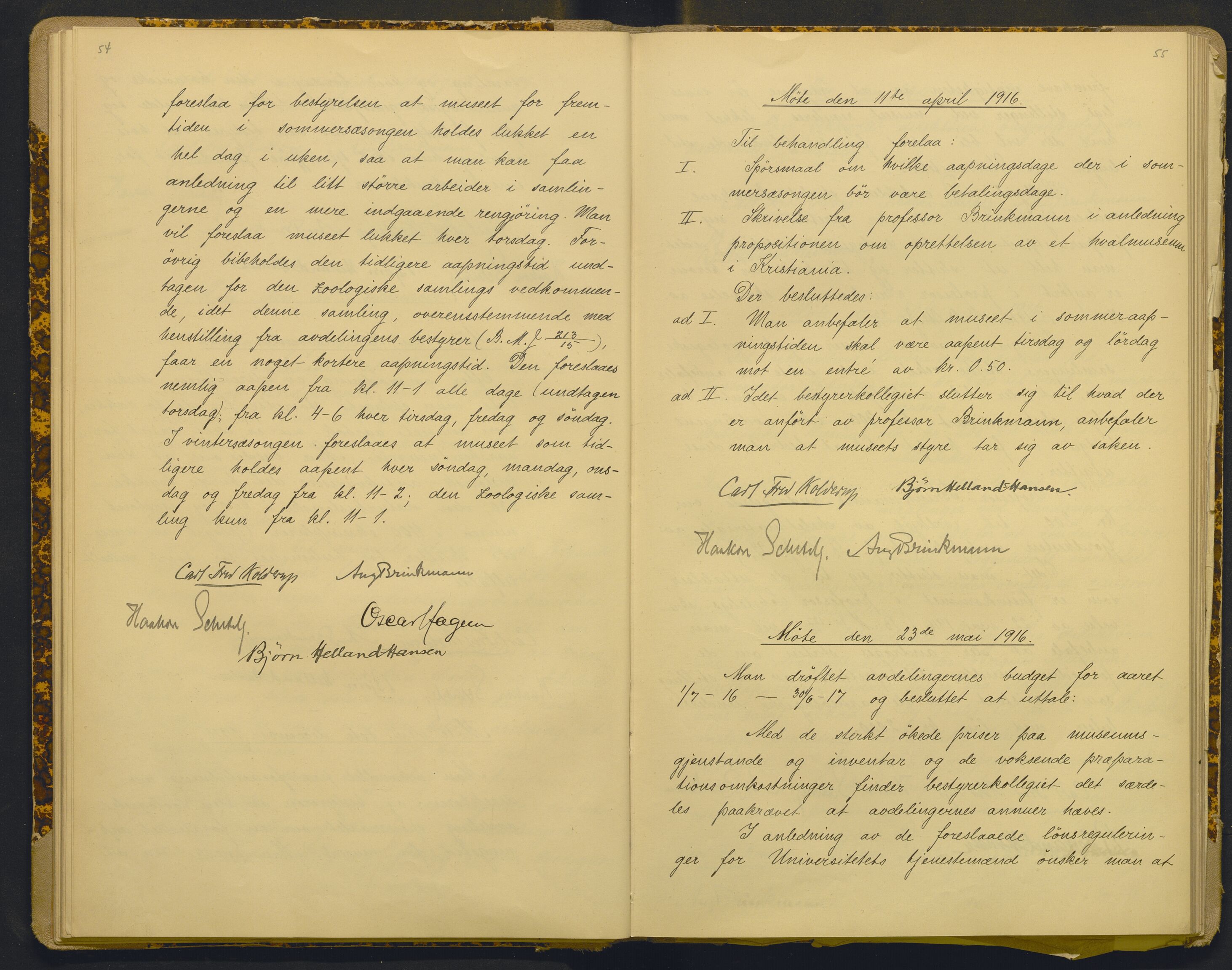 Bergens Museum, AV/SAB-A-17301/18/A/L0001: Bestyrerkollegiets forhandlingsprotokoll med register , 1907-1927, p. 54-55