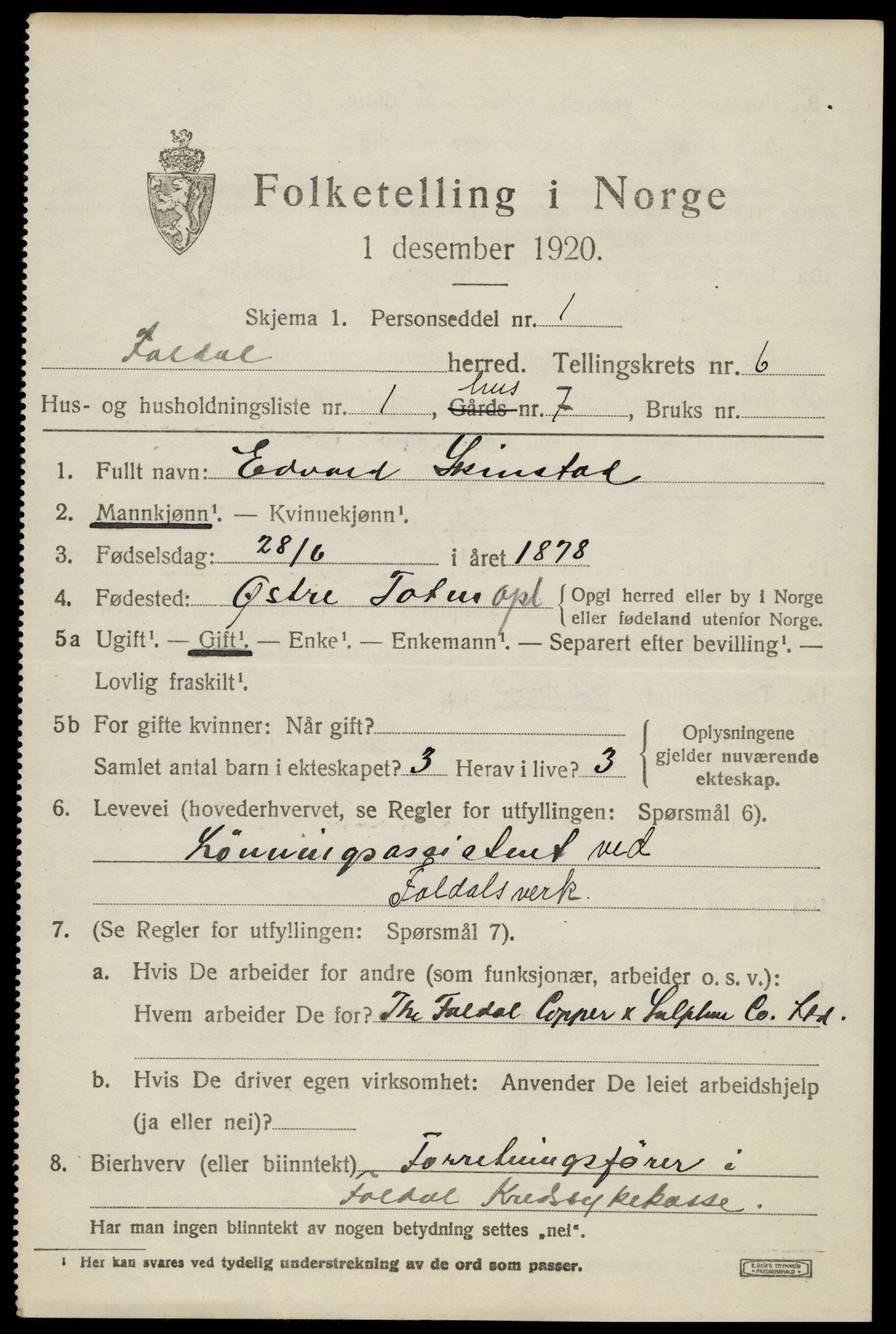 SAH, 1920 census for Folldal, 1920, p. 3133