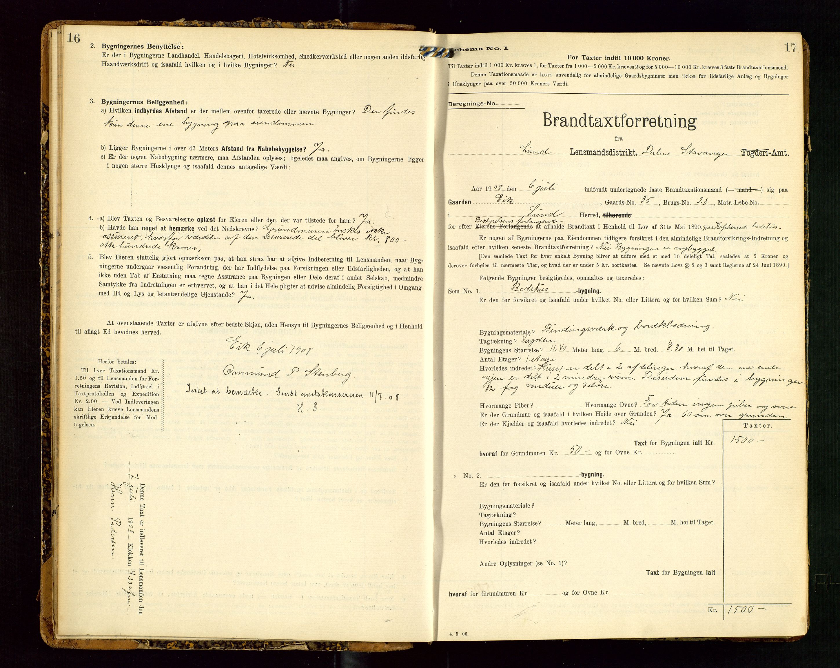 Lund lensmannskontor, SAST/A-100303/Gob/L0002: "Brandtakstprotokol", 1908-1918, p. 16-17