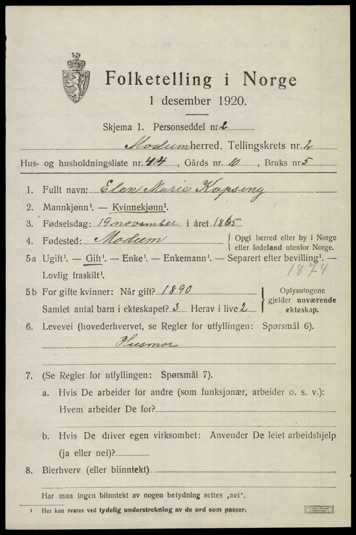 SAKO, 1920 census for Modum, 1920, p. 4693