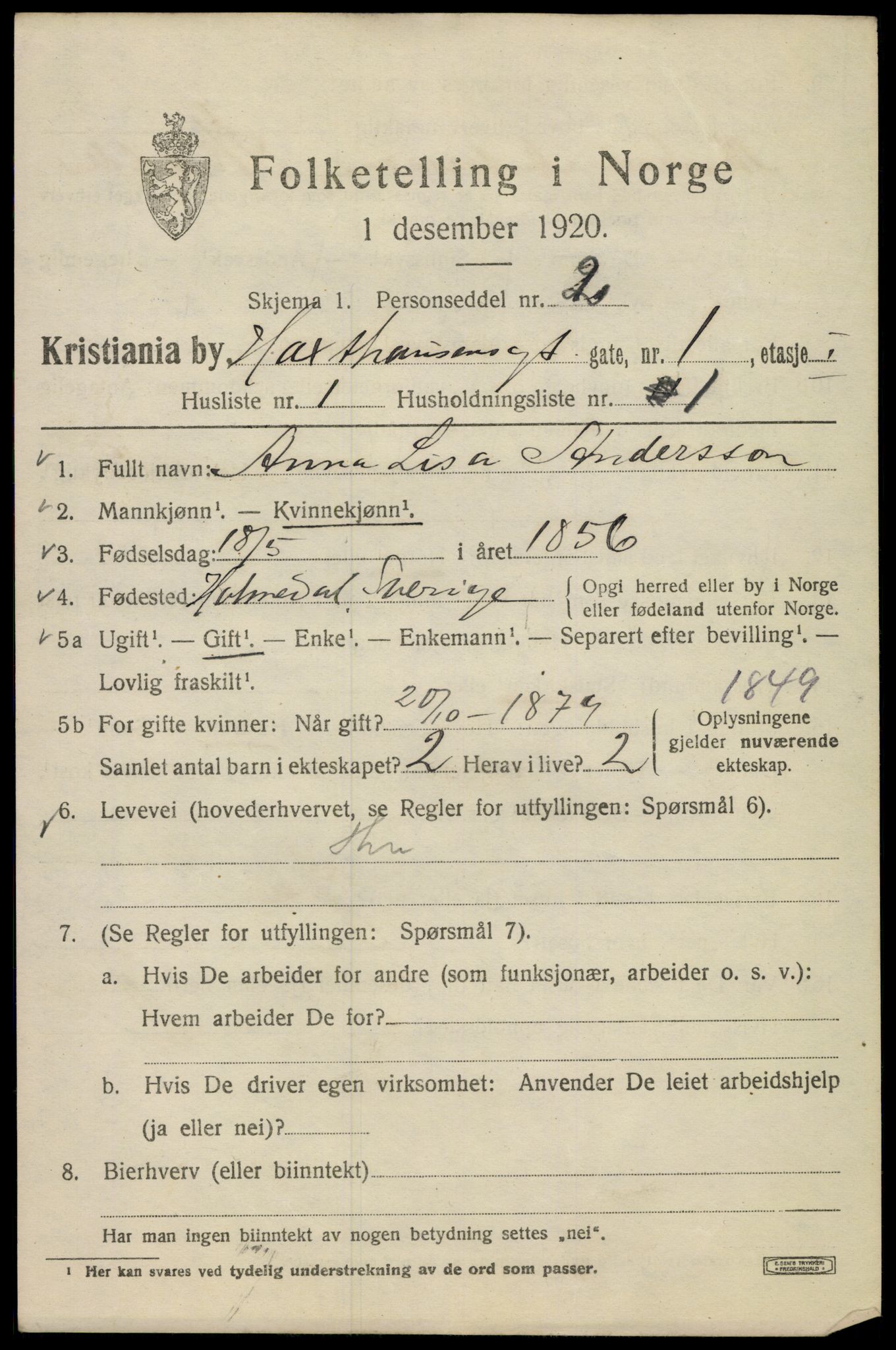 SAO, 1920 census for Kristiania, 1920, p. 276491