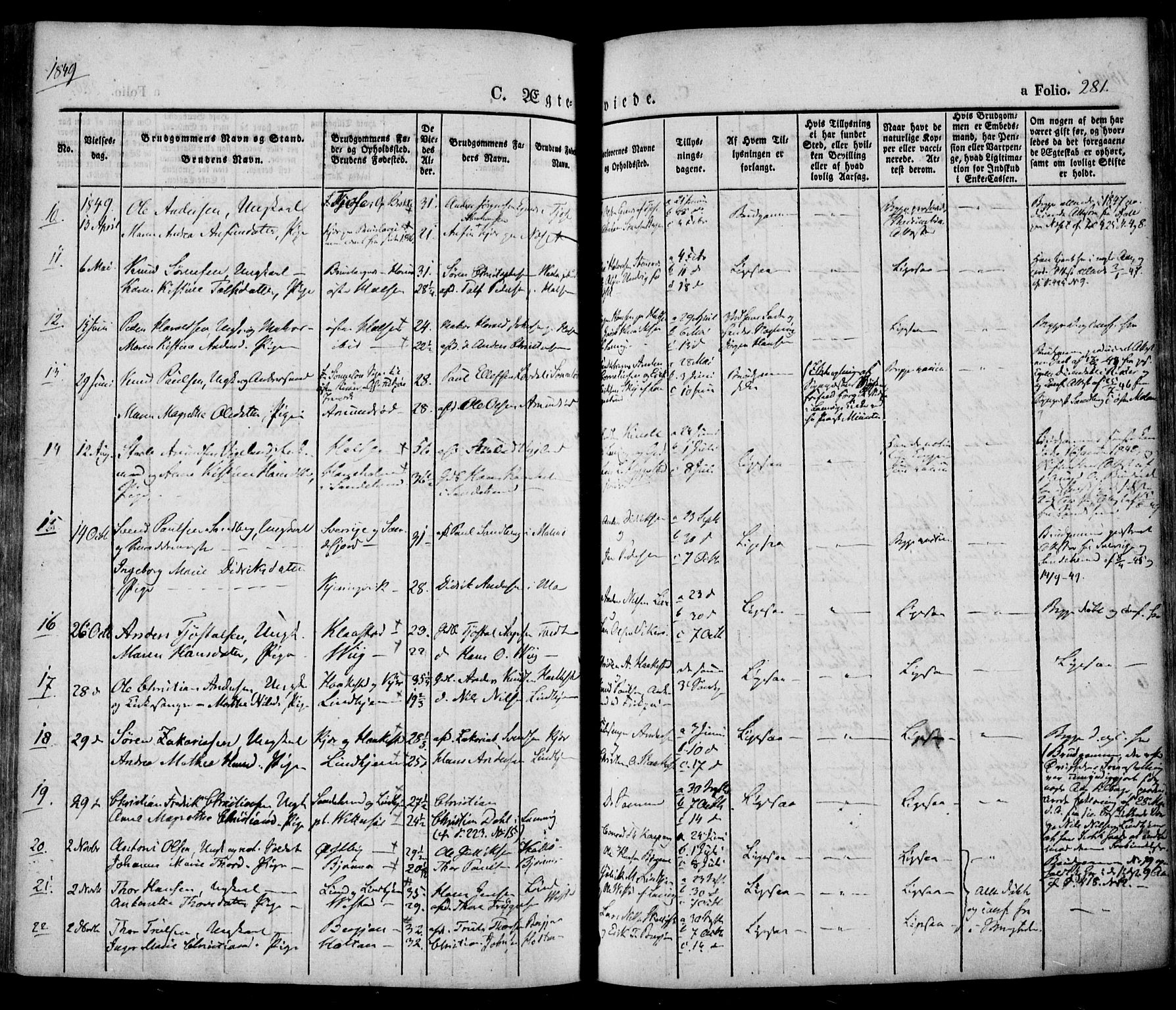 Tjølling kirkebøker, AV/SAKO-A-60/F/Fa/L0006: Parish register (official) no. 6, 1835-1859, p. 281