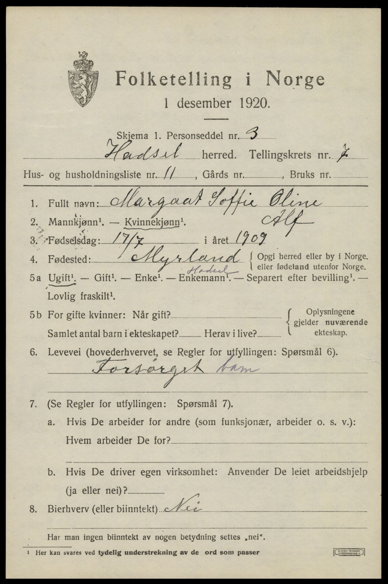 SAT, 1920 census for Hadsel, 1920, p. 7008