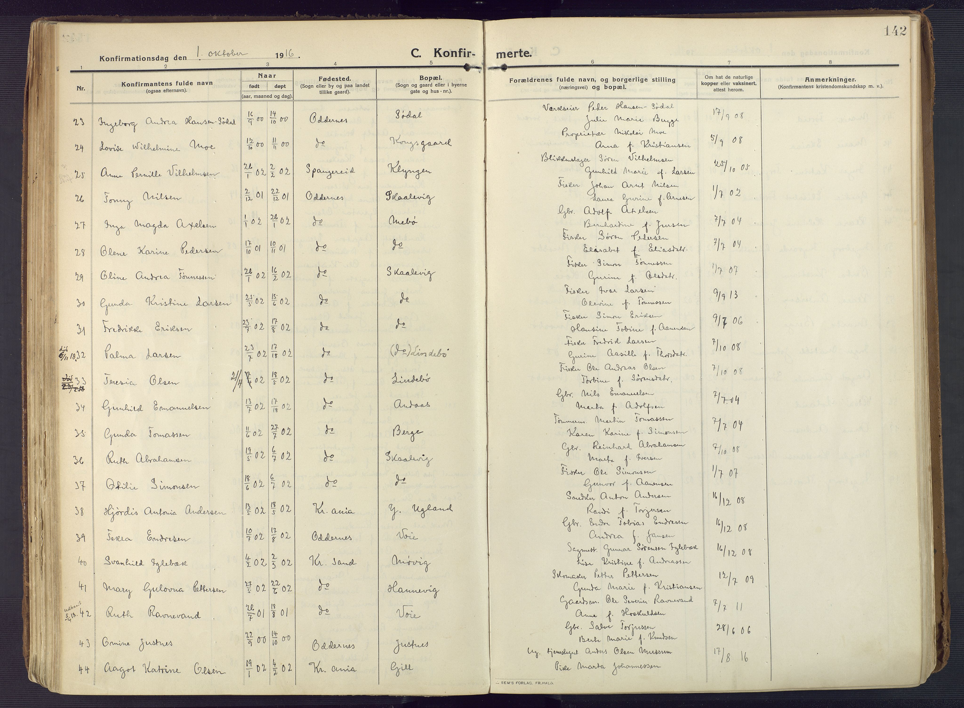 Oddernes sokneprestkontor, AV/SAK-1111-0033/F/Fa/Faa/L0012: Parish register (official) no. A 12, 1912-1925, p. 142