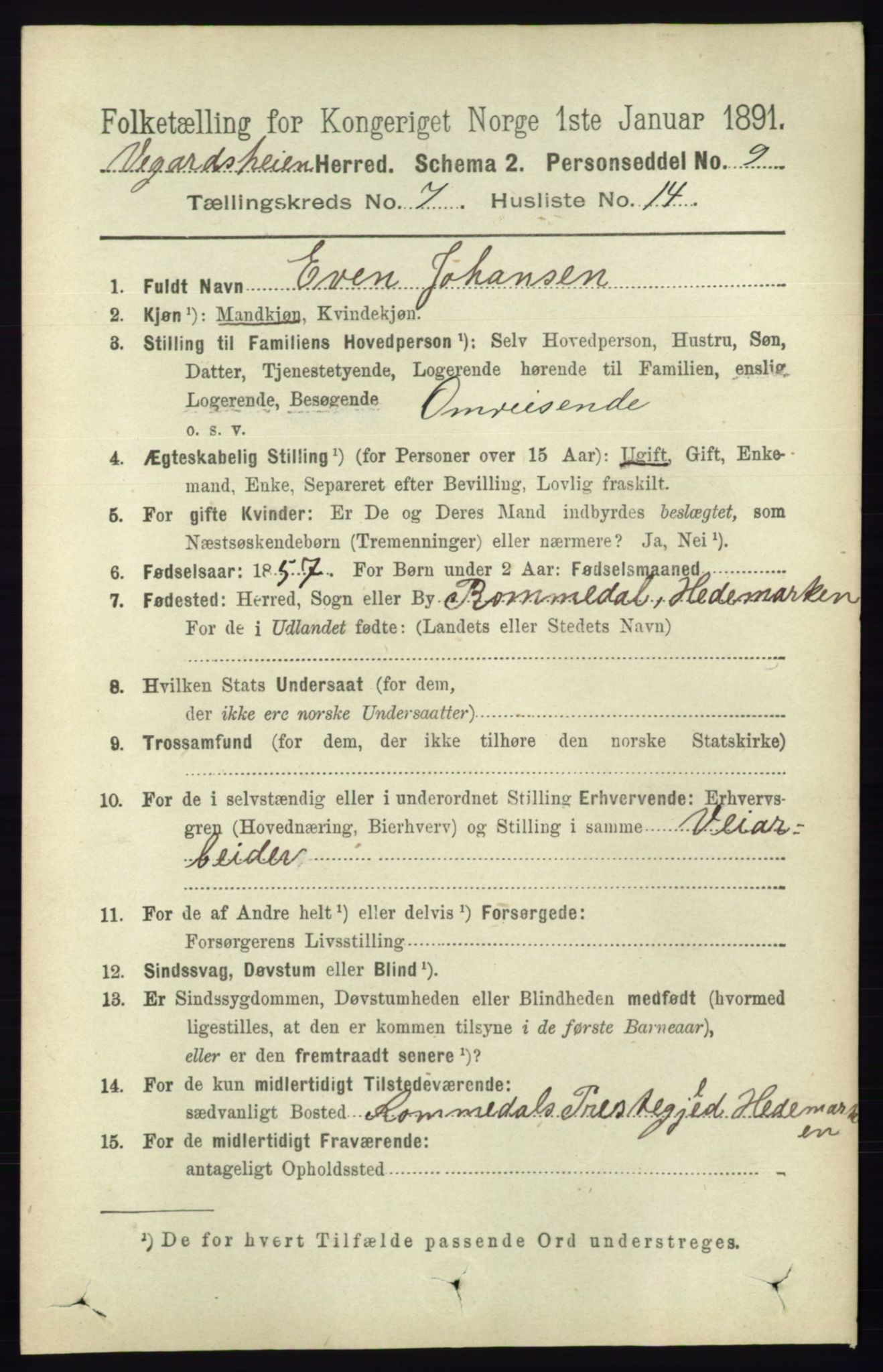 RA, 1891 census for 0912 Vegårshei, 1891, p. 1431