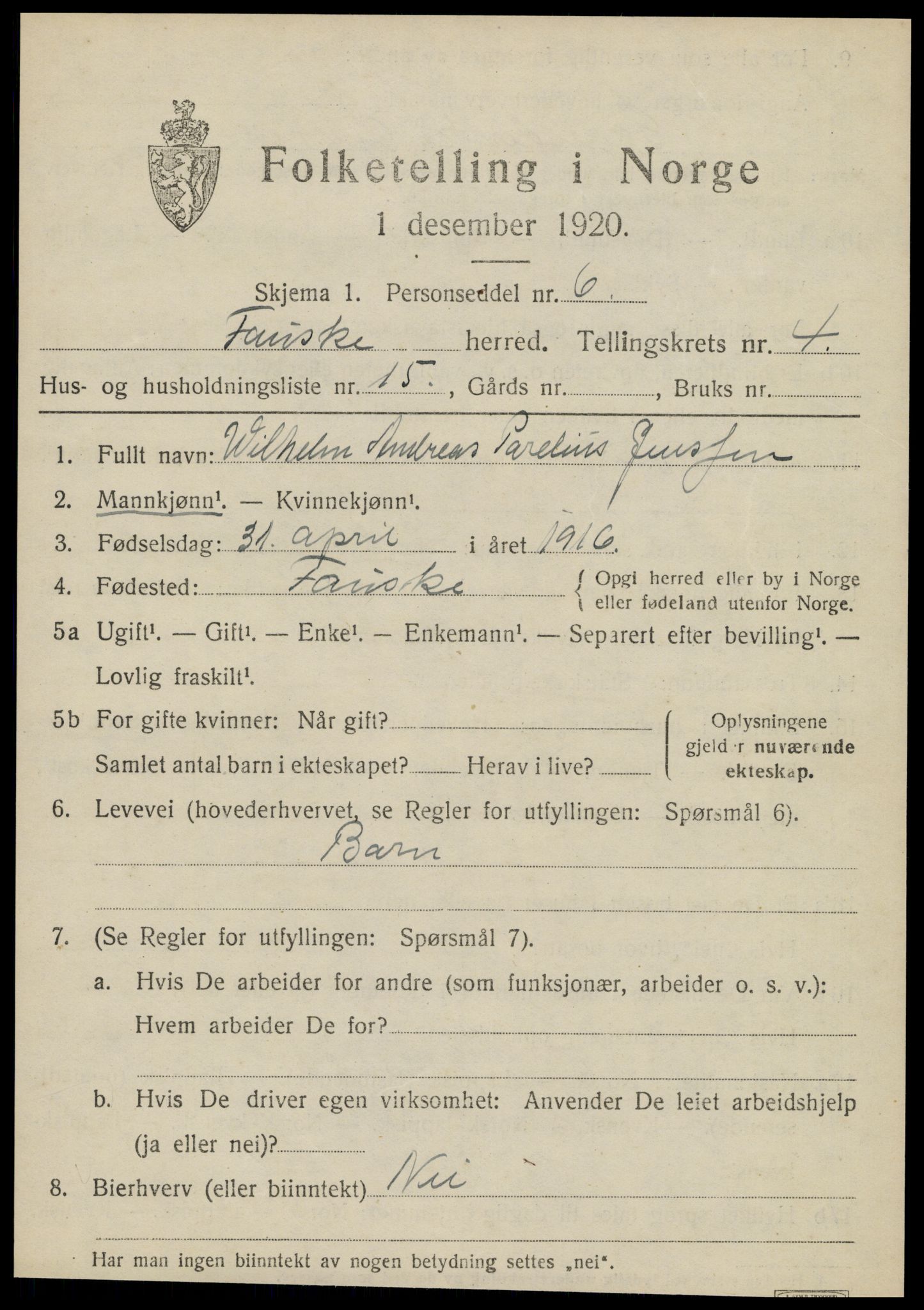 SAT, 1920 census for Fauske, 1920, p. 4674