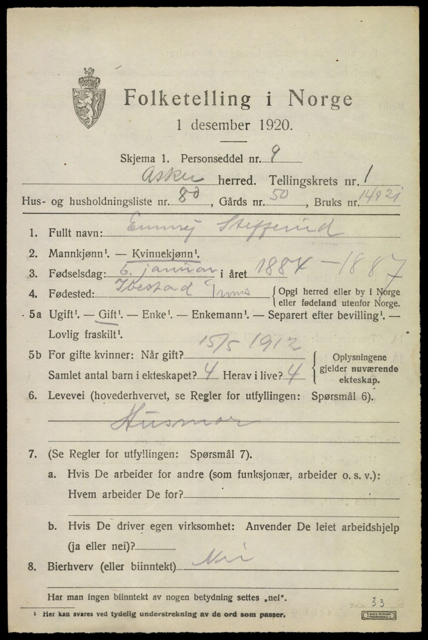 SAO, 1920 census for Asker, 1920, p. 3528