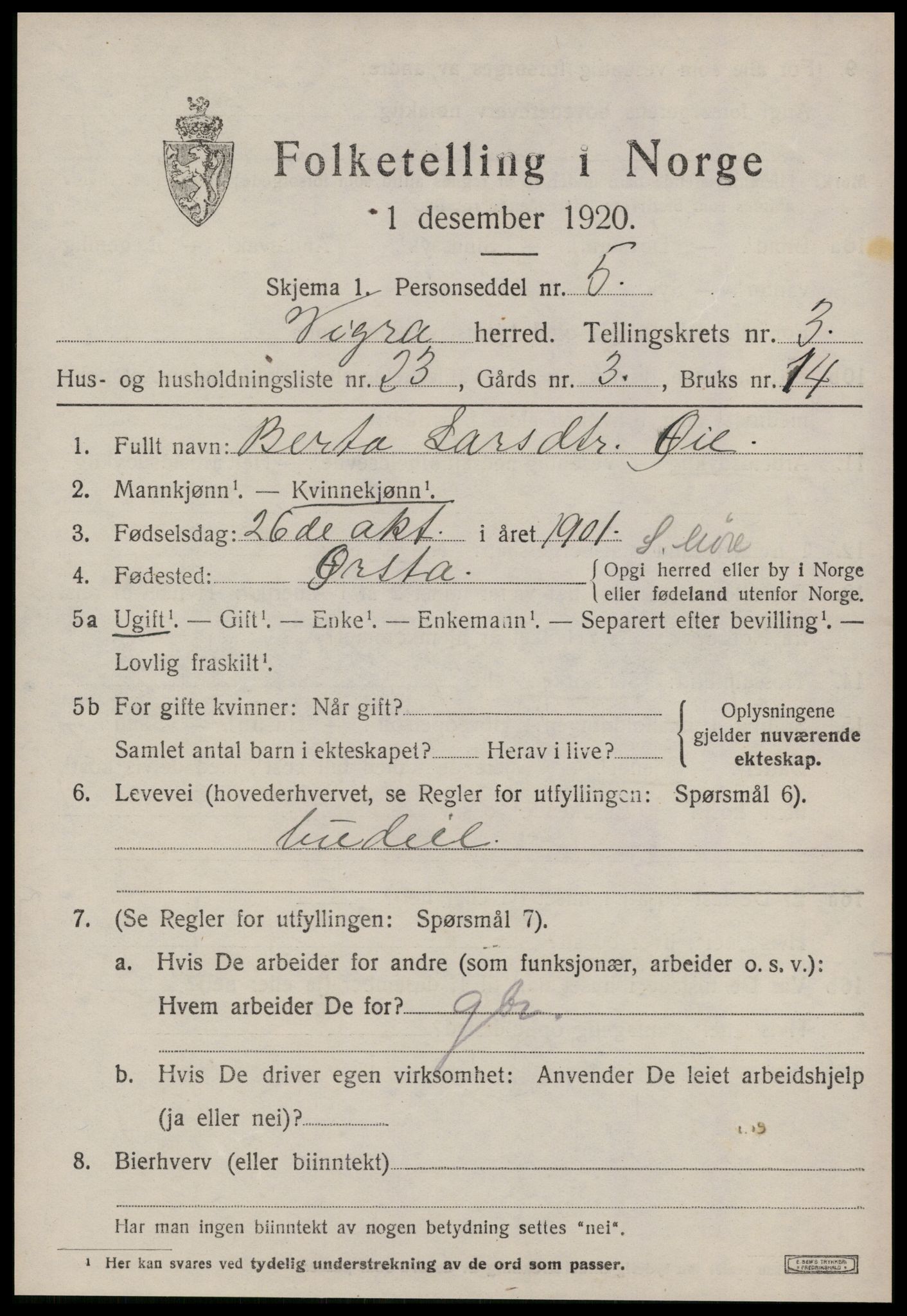 SAT, 1920 census for Vigra, 1920, p. 1660