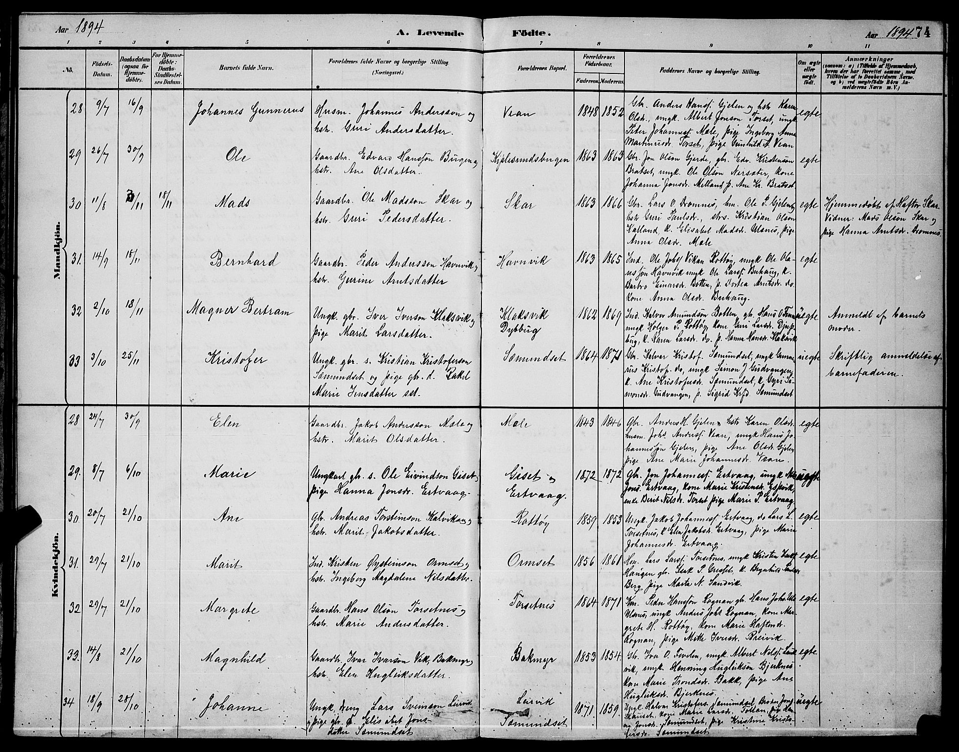 Ministerialprotokoller, klokkerbøker og fødselsregistre - Møre og Romsdal, AV/SAT-A-1454/578/L0909: Parish register (copy) no. 578C02, 1882-1900, p. 74