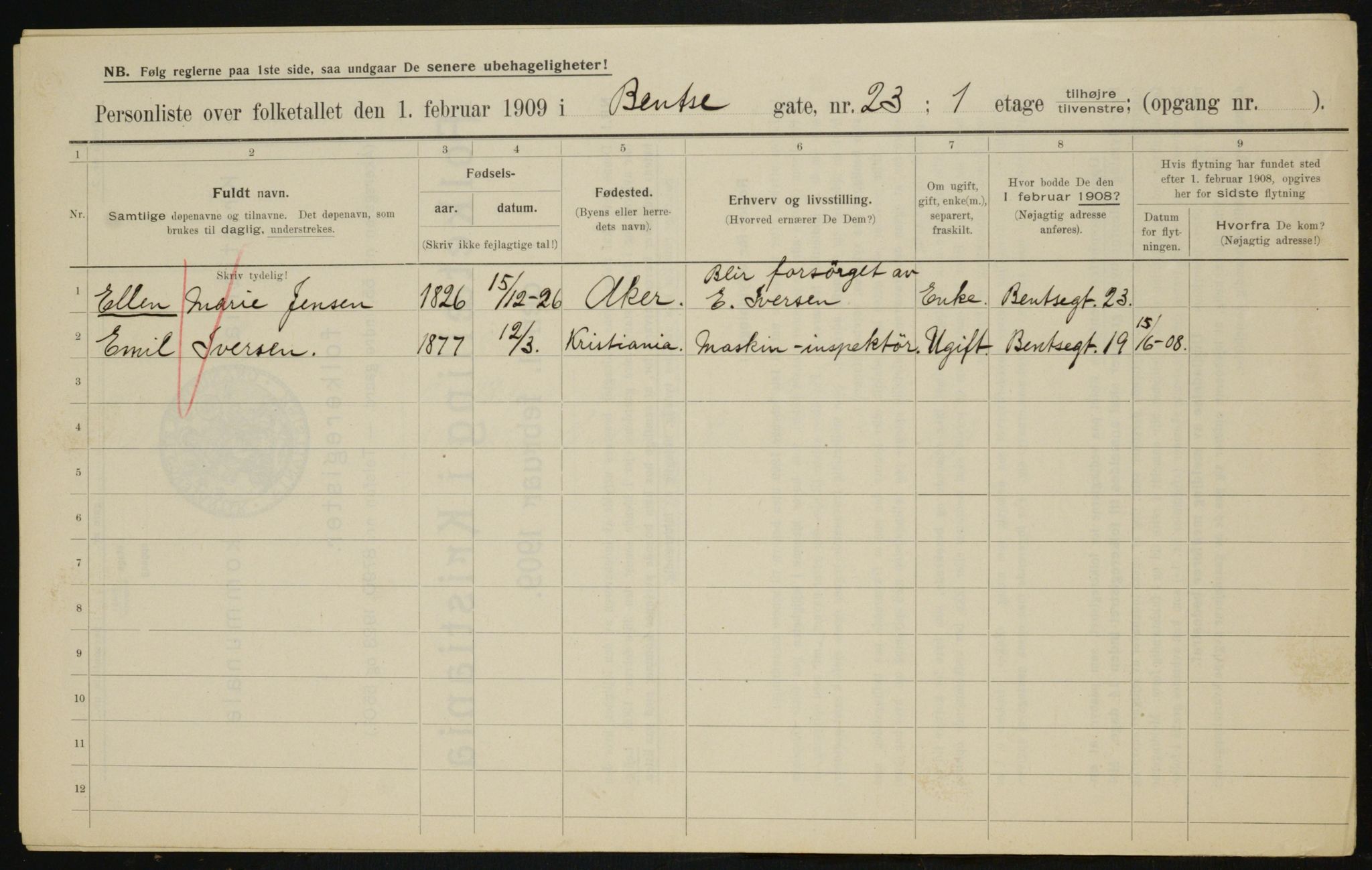 OBA, Municipal Census 1909 for Kristiania, 1909, p. 3424