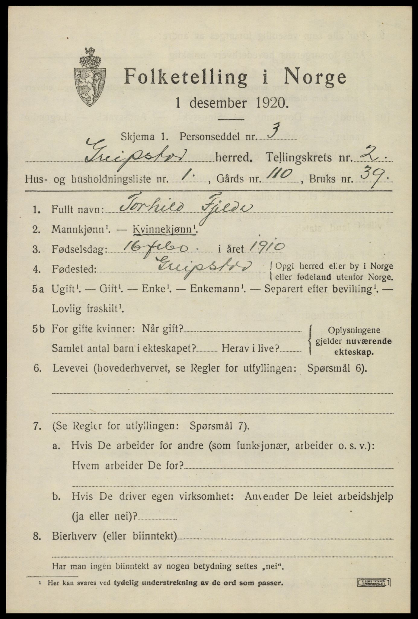 SAK, 1920 census for Greipstad, 1920, p. 876