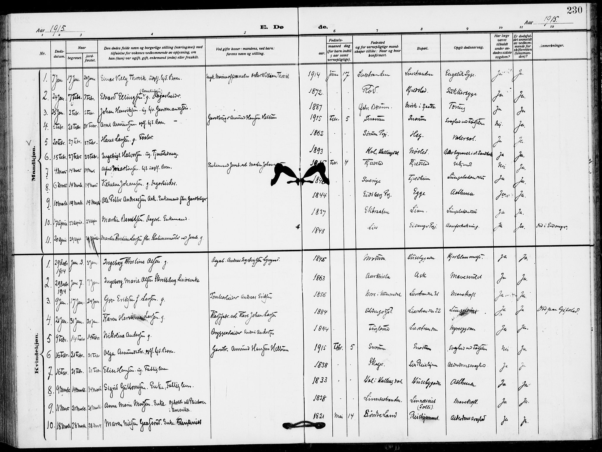 Lier kirkebøker, AV/SAKO-A-230/F/Fa/L0018: Parish register (official) no. I 18, 1909-1917, p. 230