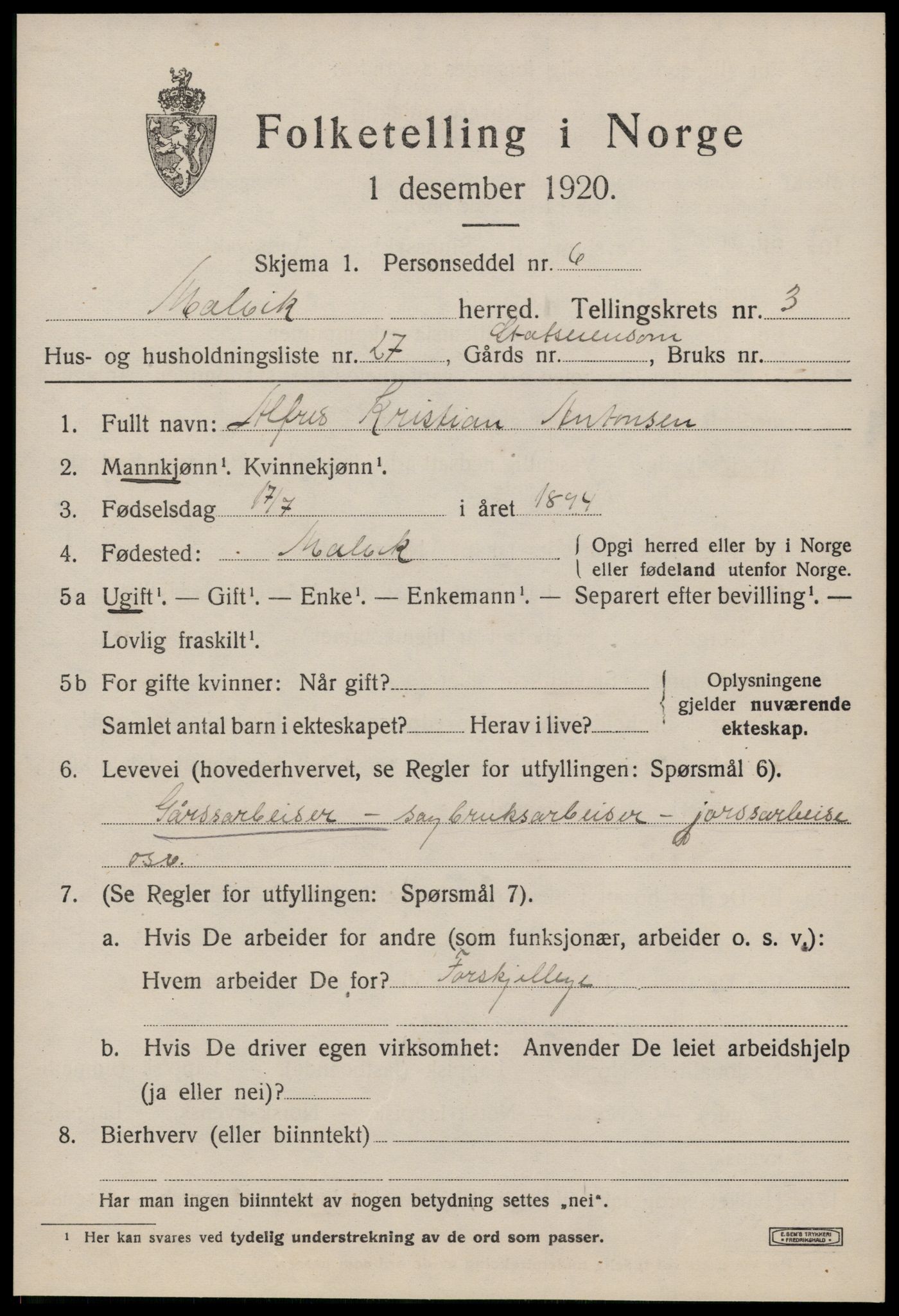 SAT, 1920 census for Malvik, 1920, p. 2564