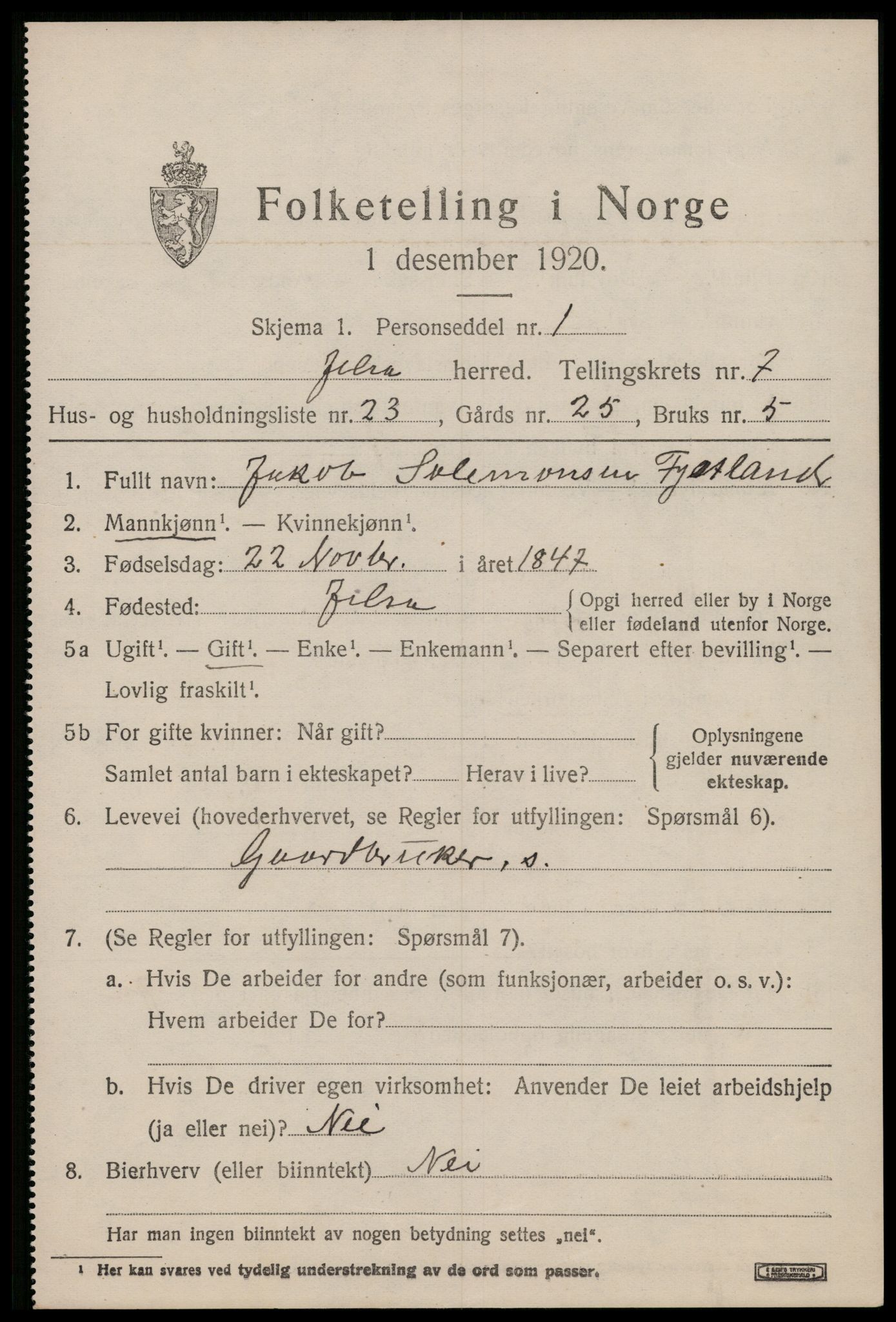 SAST, 1920 census for Jelsa, 1920, p. 2136