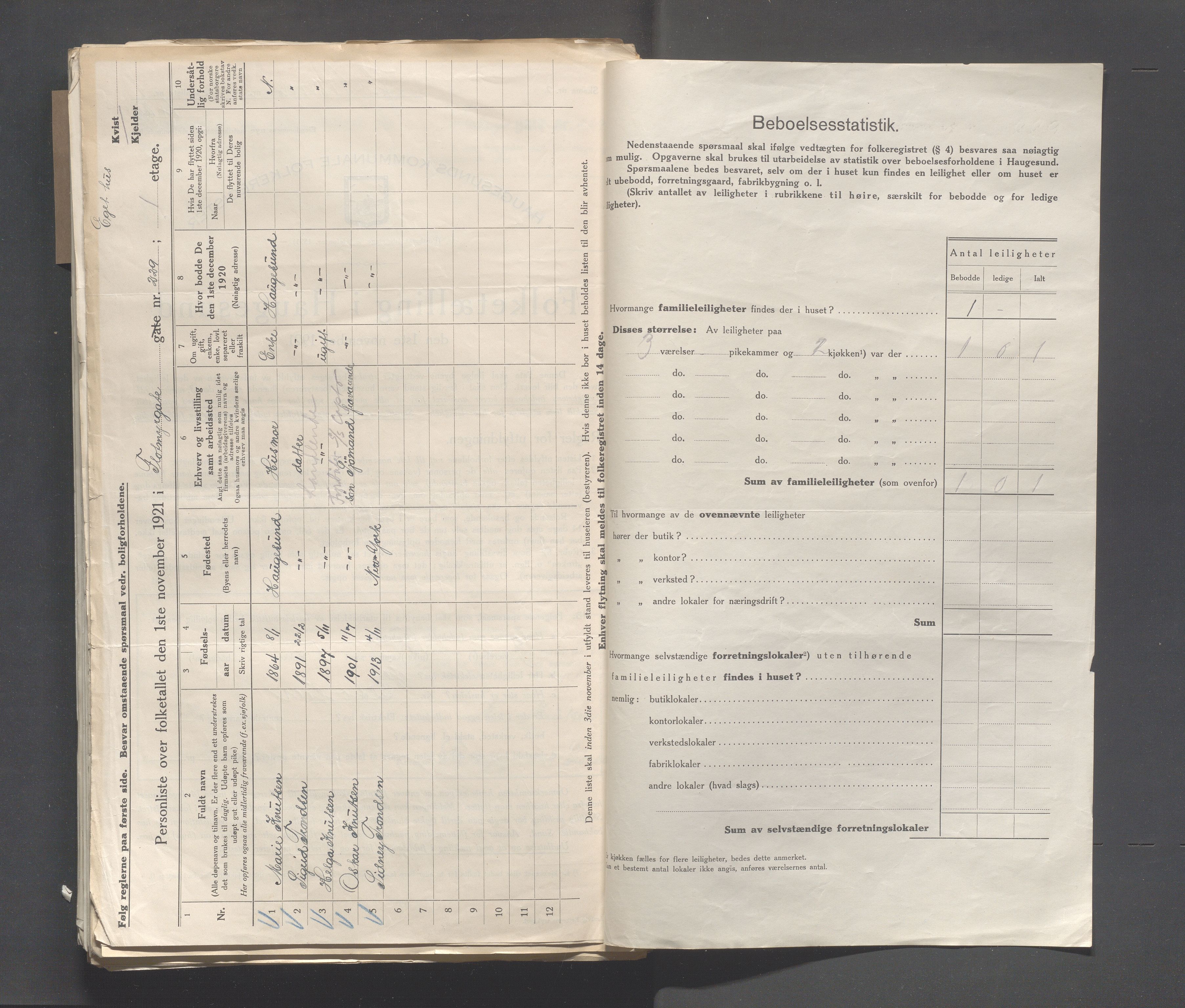 IKAR, Local census 1.11.1921 for Haugesund, 1921, p. 1111