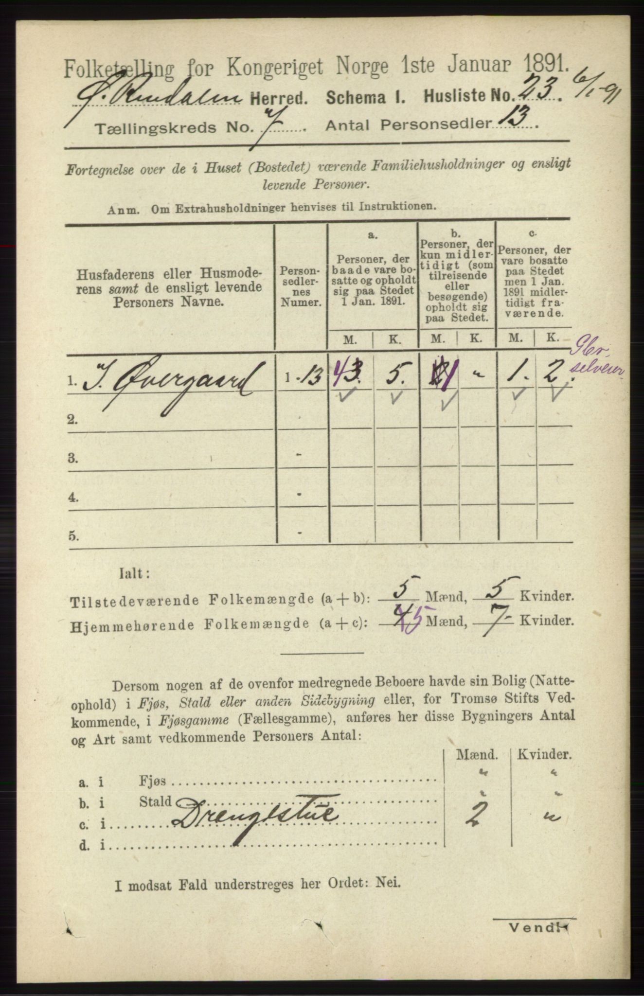 RA, 1891 census for 0433 Øvre Rendal, 1891, p. 1807