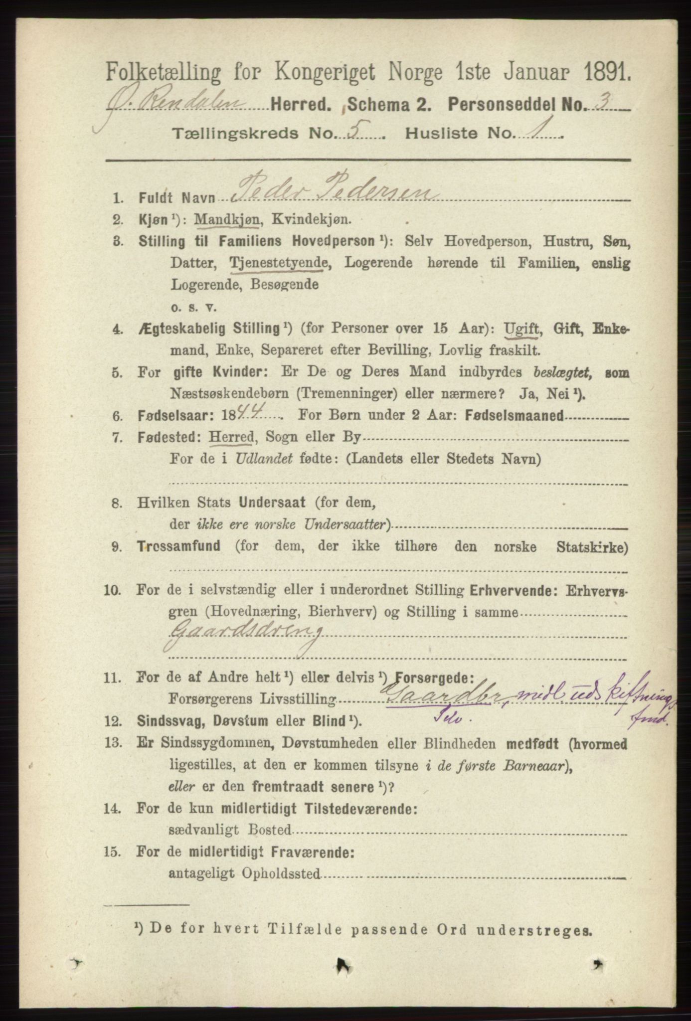 RA, 1891 census for 0433 Øvre Rendal, 1891, p. 1310