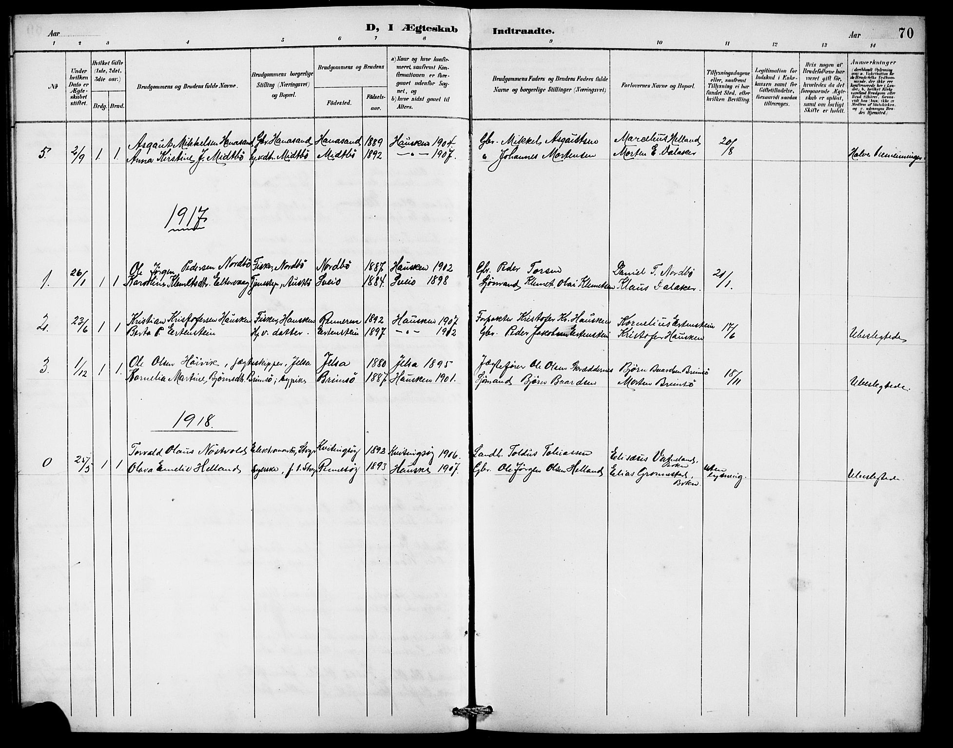 Rennesøy sokneprestkontor, SAST/A -101827/H/Ha/Hab/L0010: Parish register (copy) no. B 9, 1890-1918, p. 70