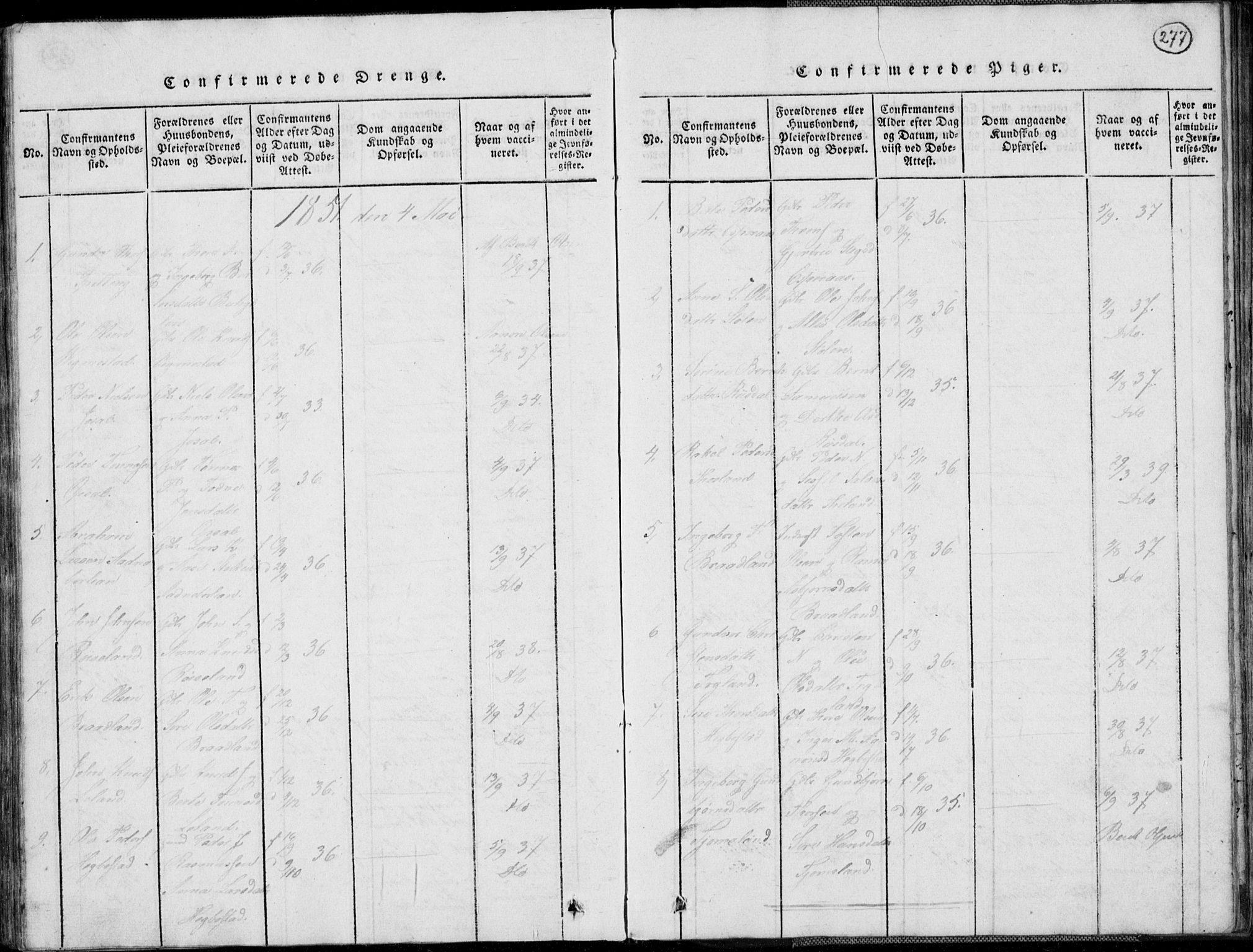 Nord-Audnedal sokneprestkontor, AV/SAK-1111-0032/F/Fb/Fbb/L0001: Parish register (copy) no. B 1, 1816-1858, p. 277