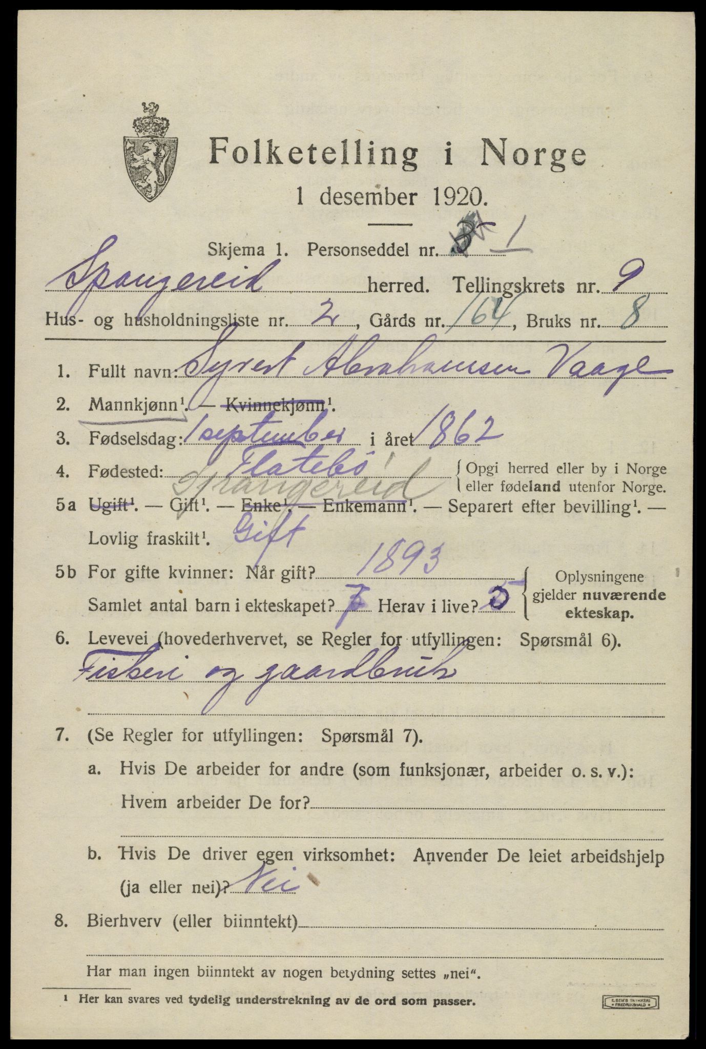 SAK, 1920 census for Spangereid, 1920, p. 3179