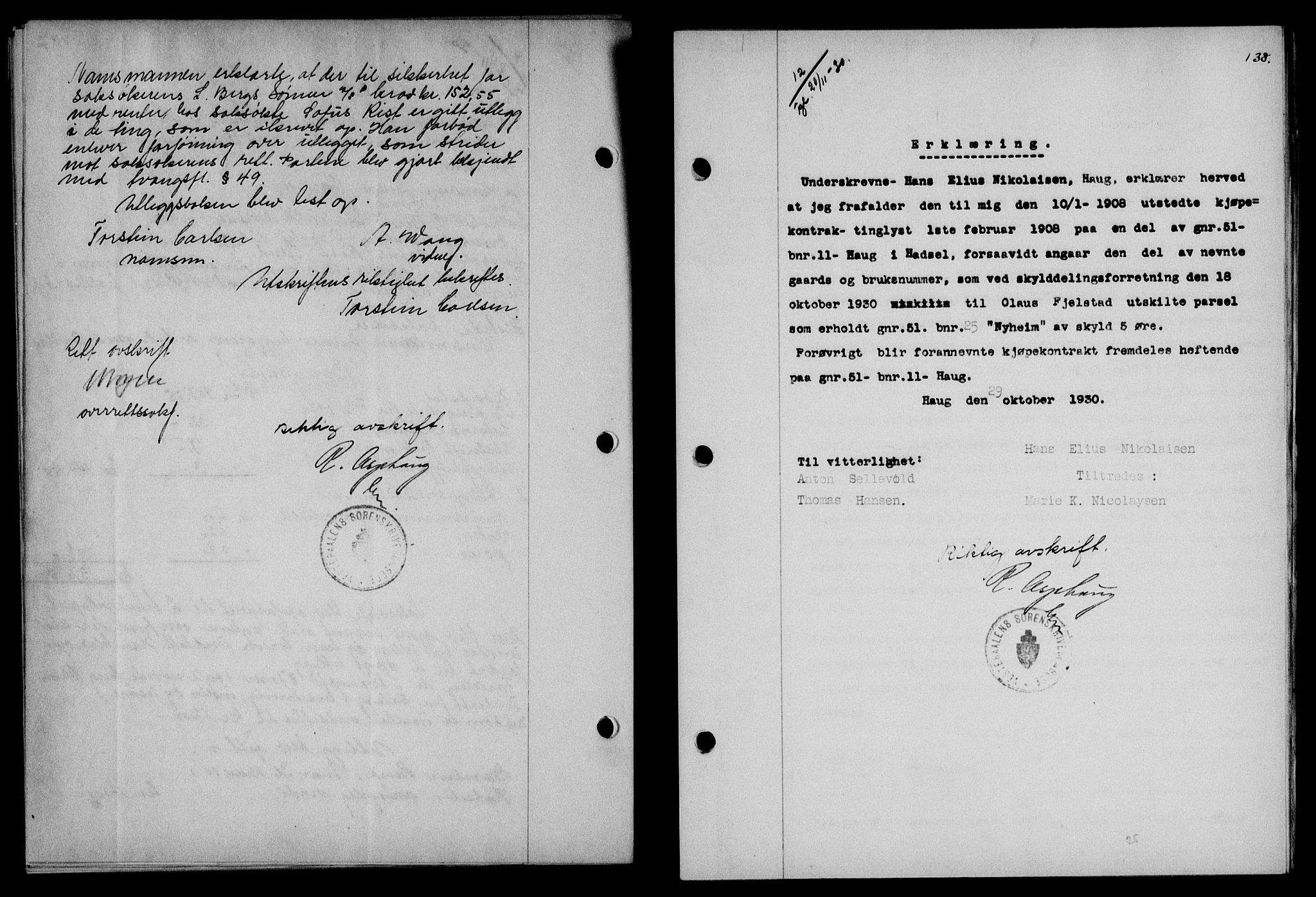 Vesterålen sorenskriveri, SAT/A-4180/1/2/2Ca/L0052: Mortgage book no. 45, 1930-1931, Deed date: 21.11.1930