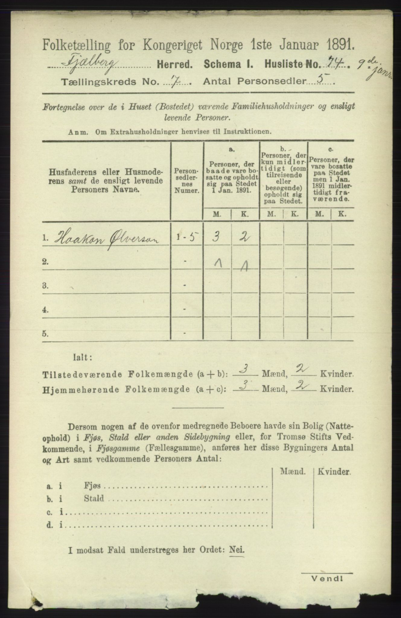 RA, 1891 census for 1213 Fjelberg, 1891, p. 2396