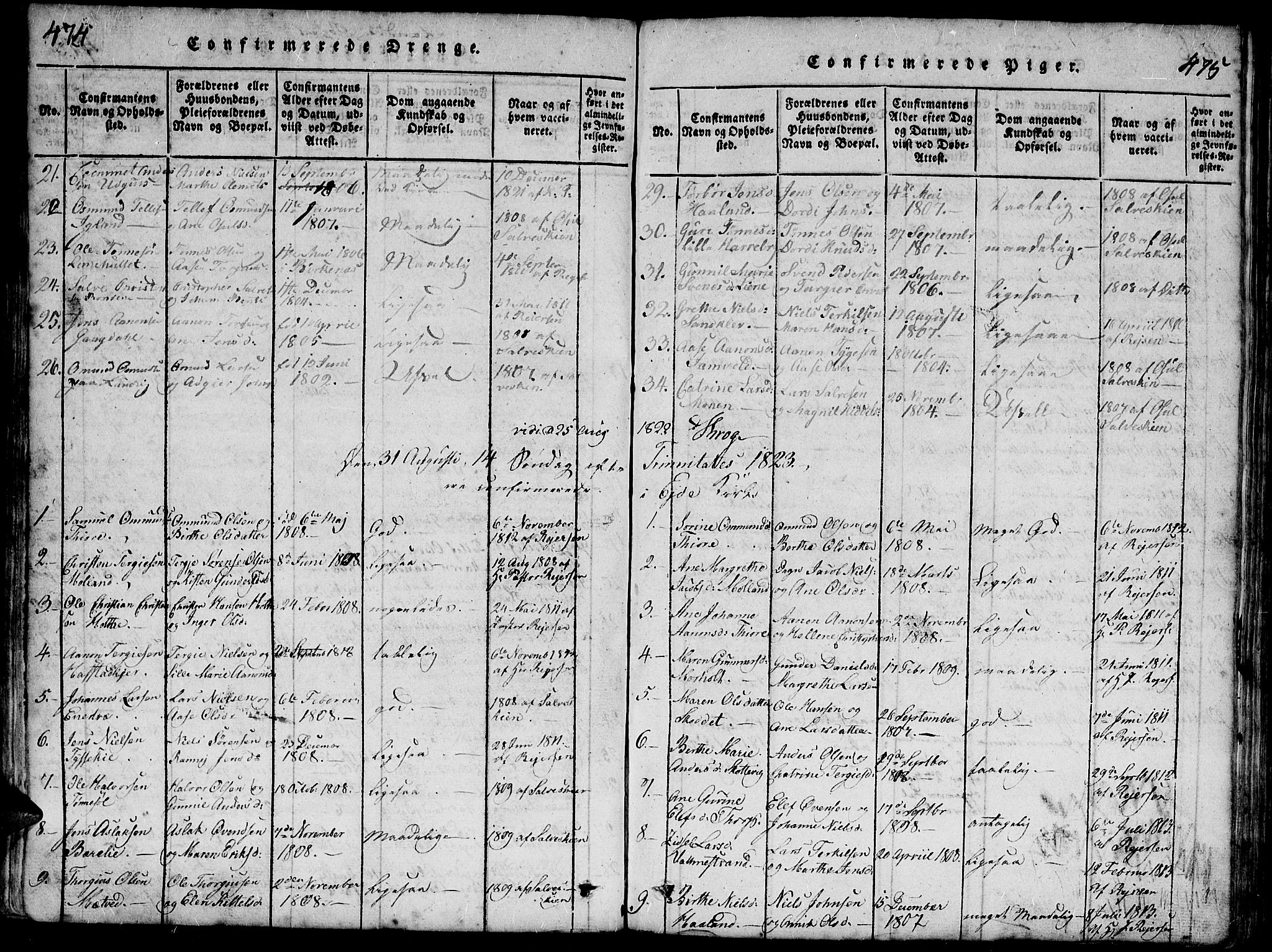 Hommedal sokneprestkontor, SAK/1111-0023/F/Fb/Fbb/L0003: Parish register (copy) no. B 3 /1, 1816-1850, p. 474-475