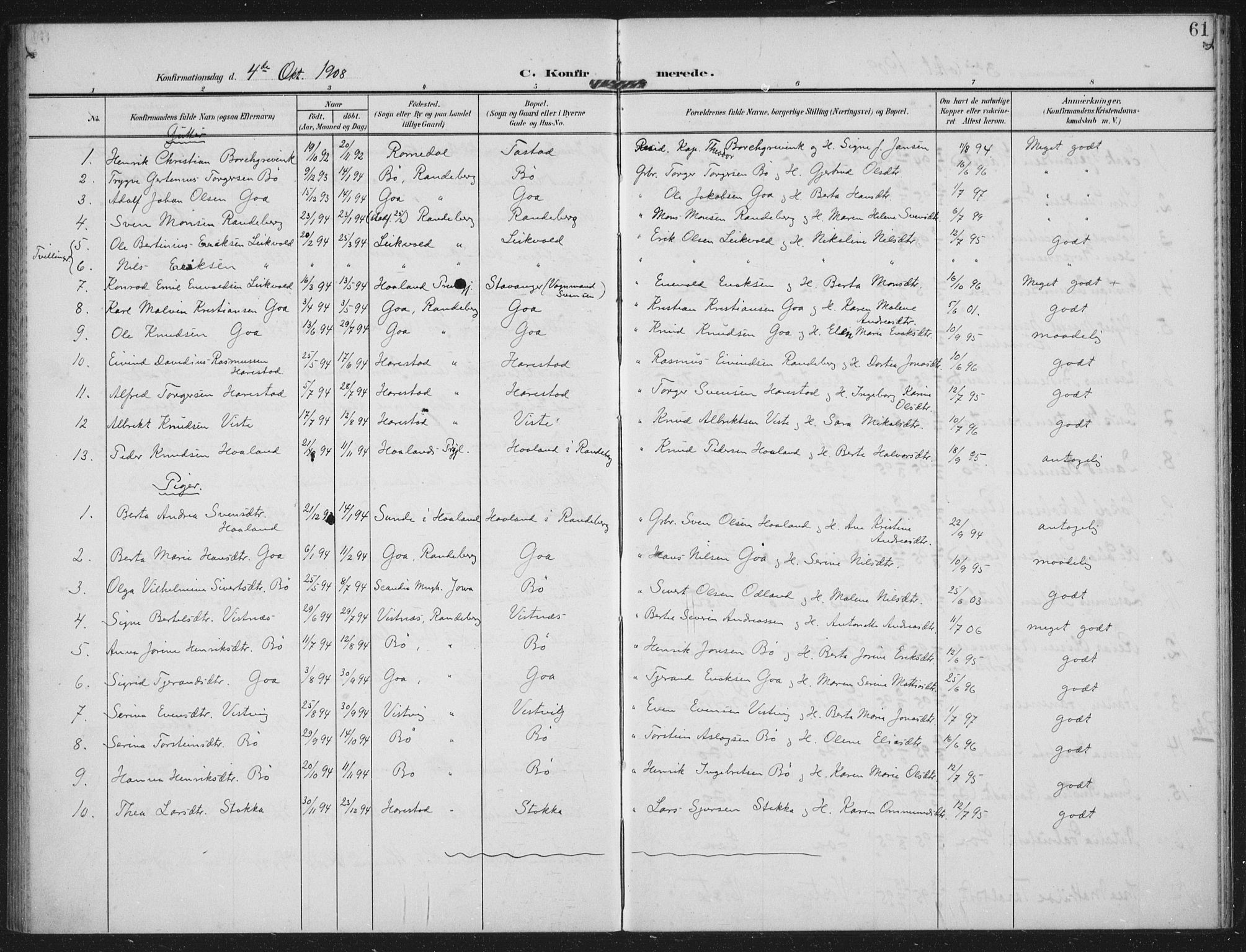 Hetland sokneprestkontor, AV/SAST-A-101826/30/30BA: Parish register (official) no. A 14, 1905-1919, p. 61