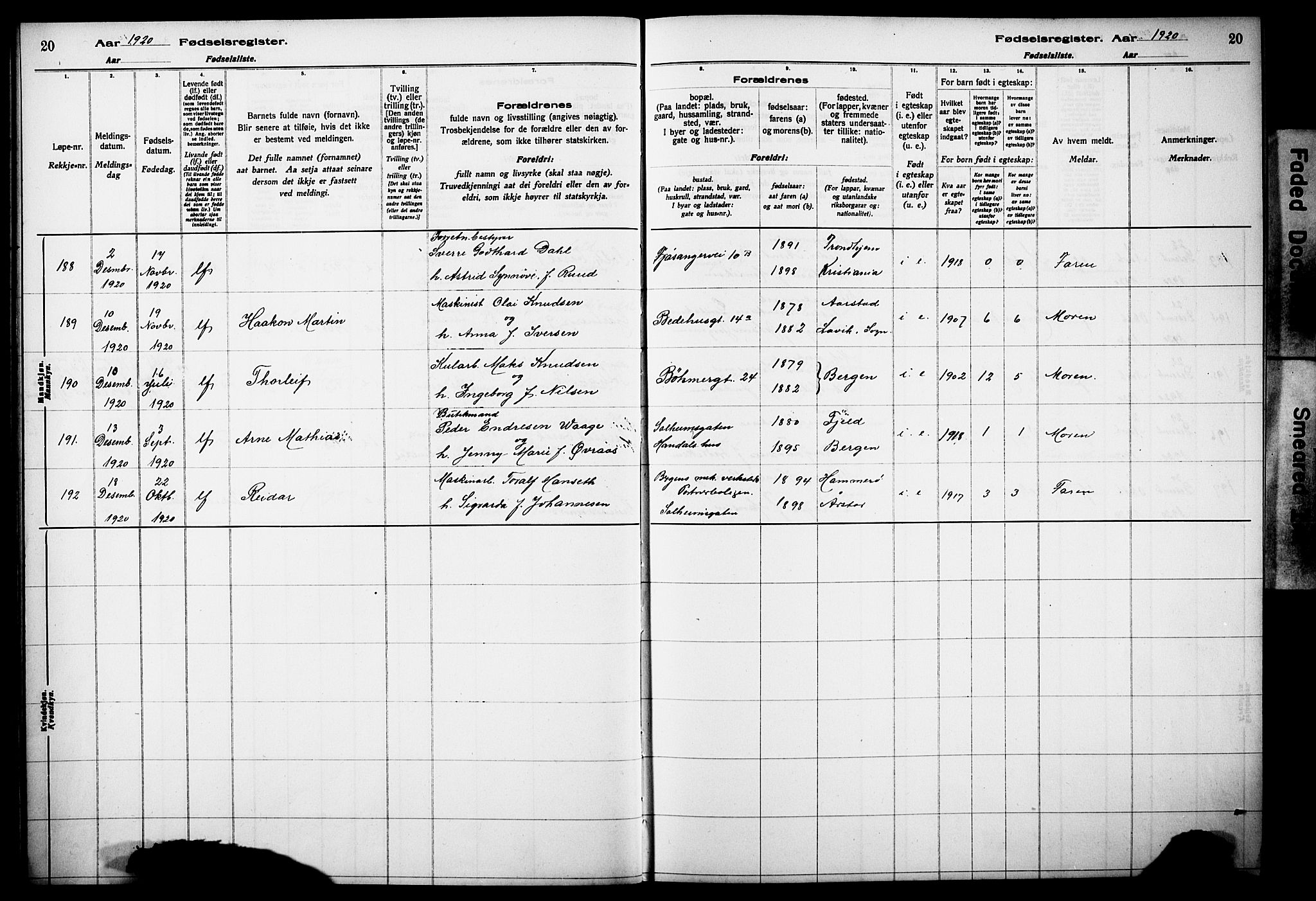 Årstad Sokneprestembete, AV/SAB-A-79301/I/Id/L0A02: Birth register no. A 2, 1920-1924, p. 20